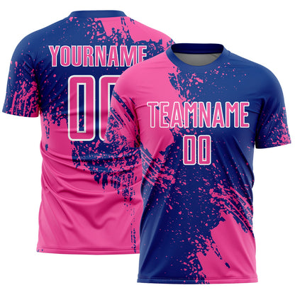 Custom Royal Pink-White Abstract Brush Stroke Sports Sublimation Soccer Uniform Jersey - Main View