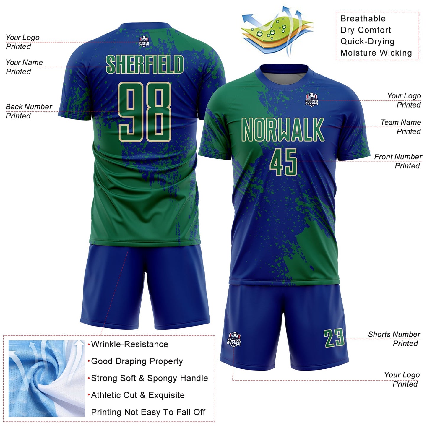 Custom Royal Kelly Green-Cream Abstract Brush Stroke Sports Sublimation Soccer Uniform Jersey view 4