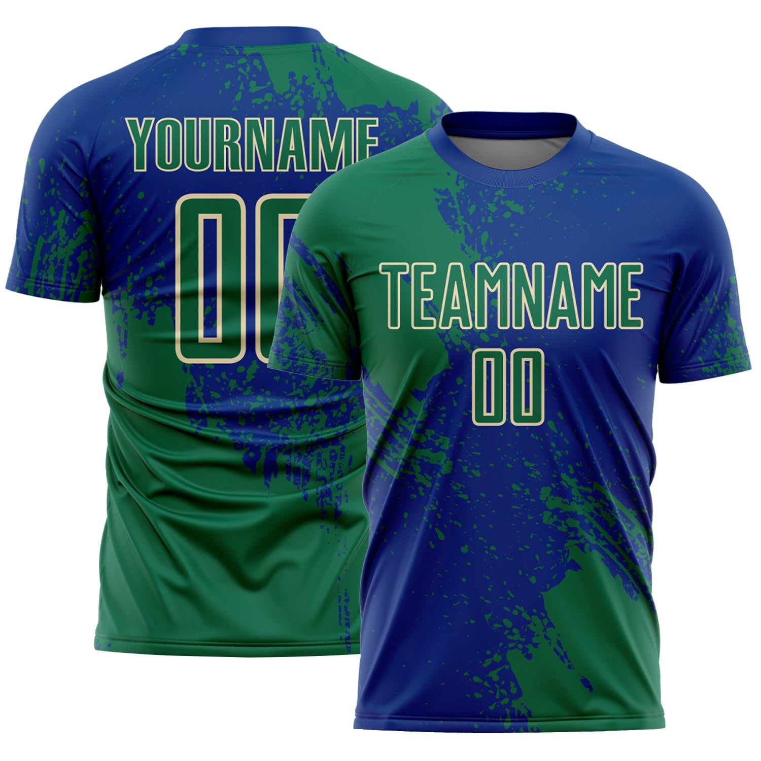 Custom Royal Kelly Green-Cream Abstract Brush Stroke Sports Sublimation Soccer Uniform Jersey - Main View