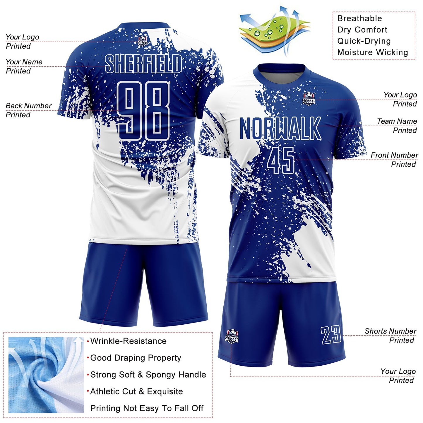 Custom Royal White Abstract Brush Stroke Sports Sublimation Soccer Uniform Jersey view 4
