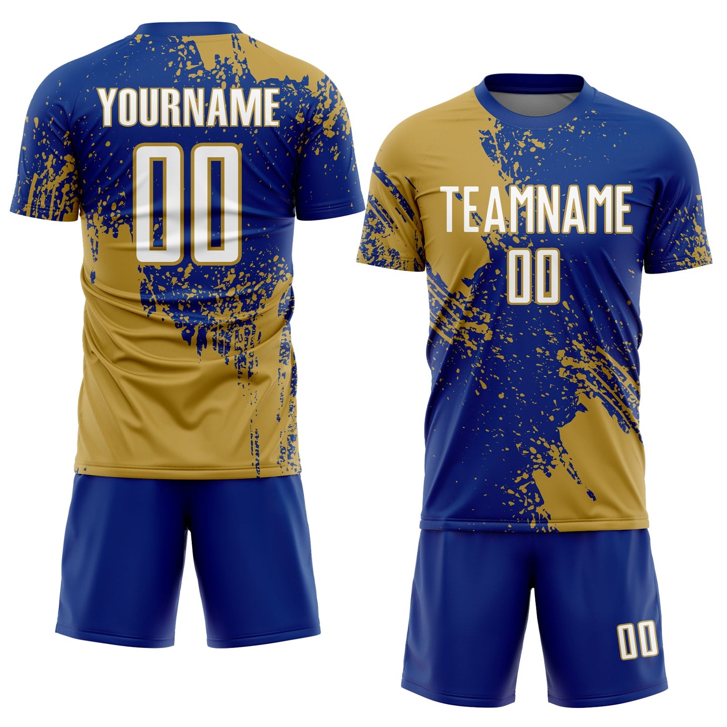 Custom Royal White-Old Gold Abstract Brush Stroke Sports Sublimation Soccer Uniform Jersey view 2