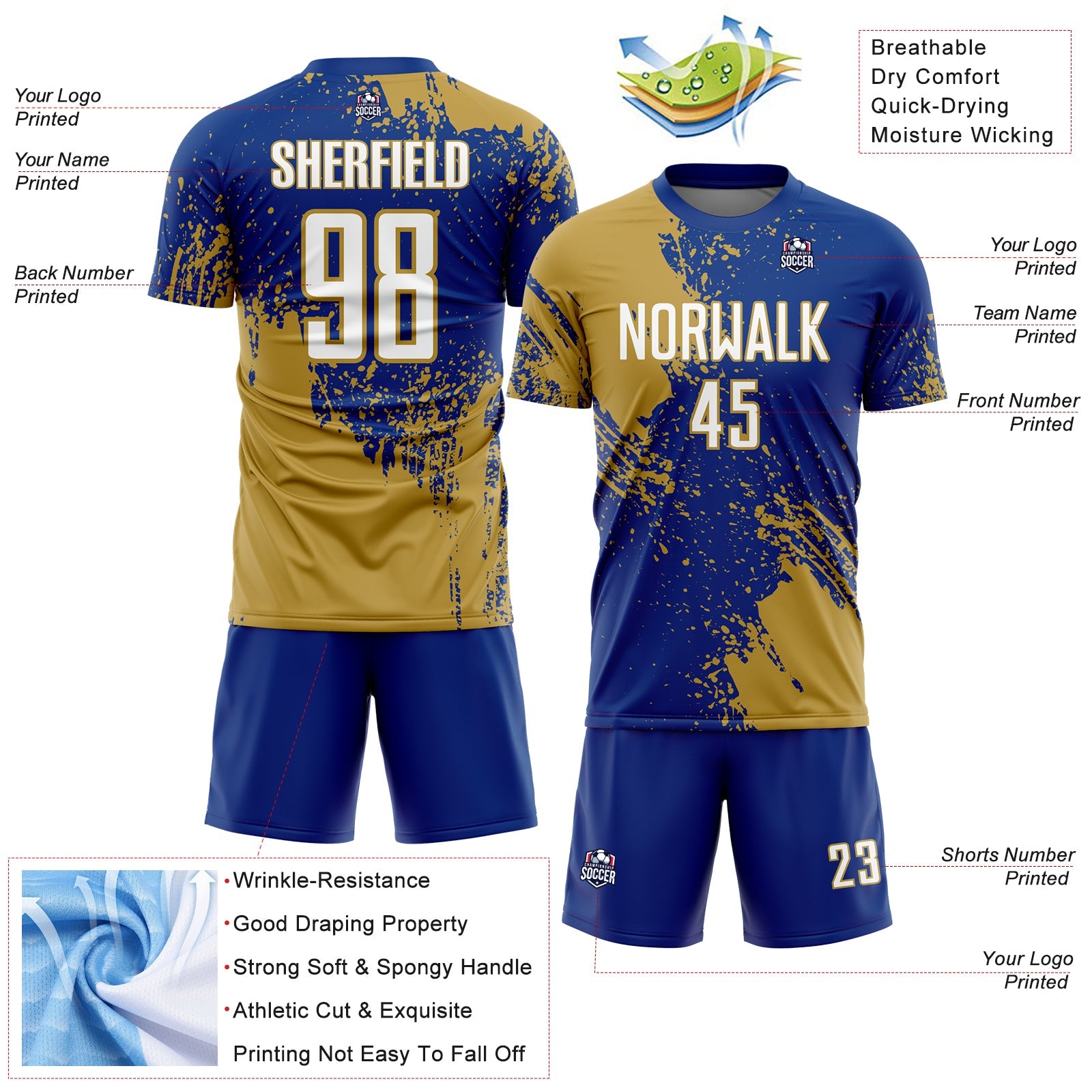 Custom Royal White-Old Gold Abstract Brush Stroke Sports Sublimation Soccer Uniform Jersey view 4
