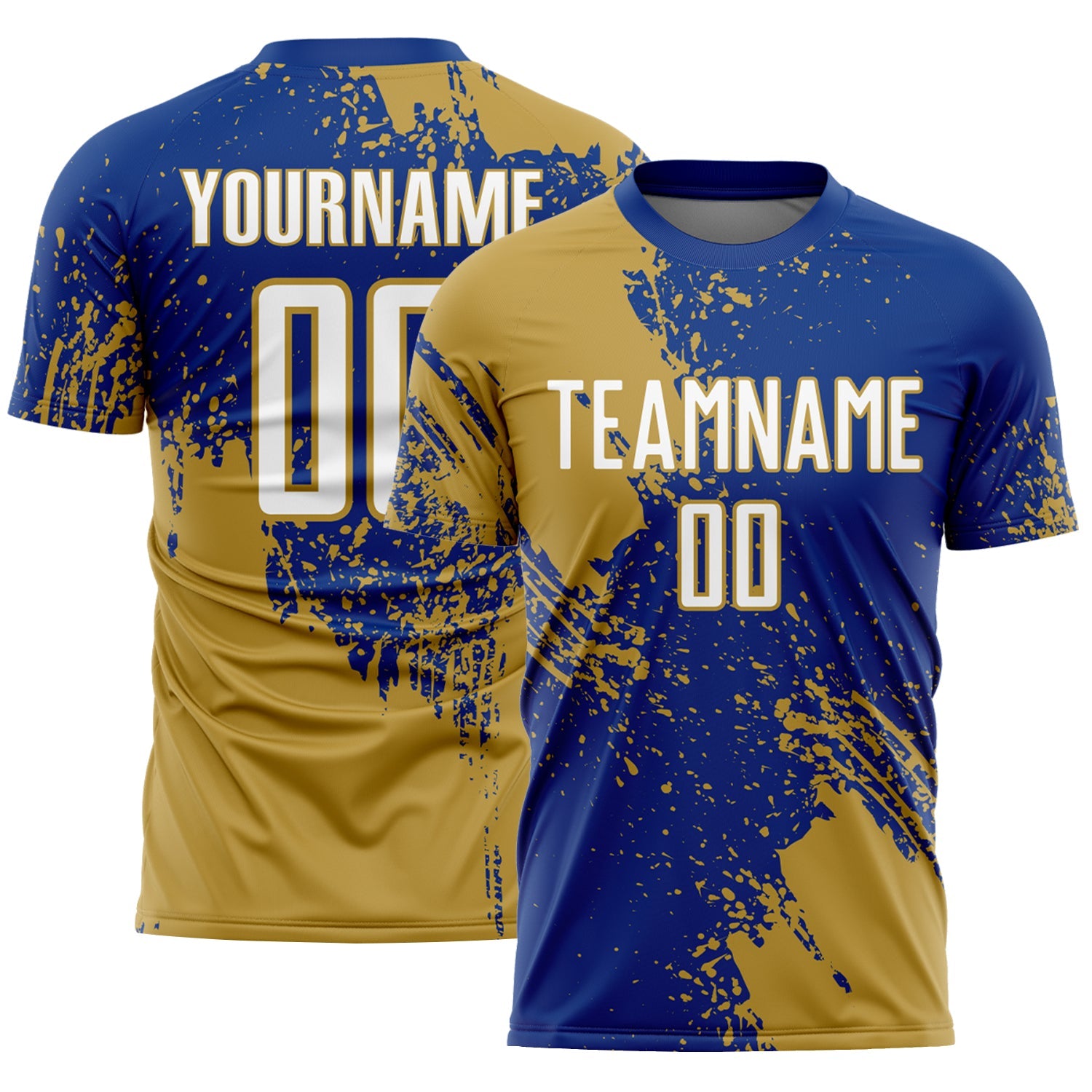 Custom Royal White-Old Gold Abstract Brush Stroke Sports Sublimation Soccer Uniform Jersey - Main View