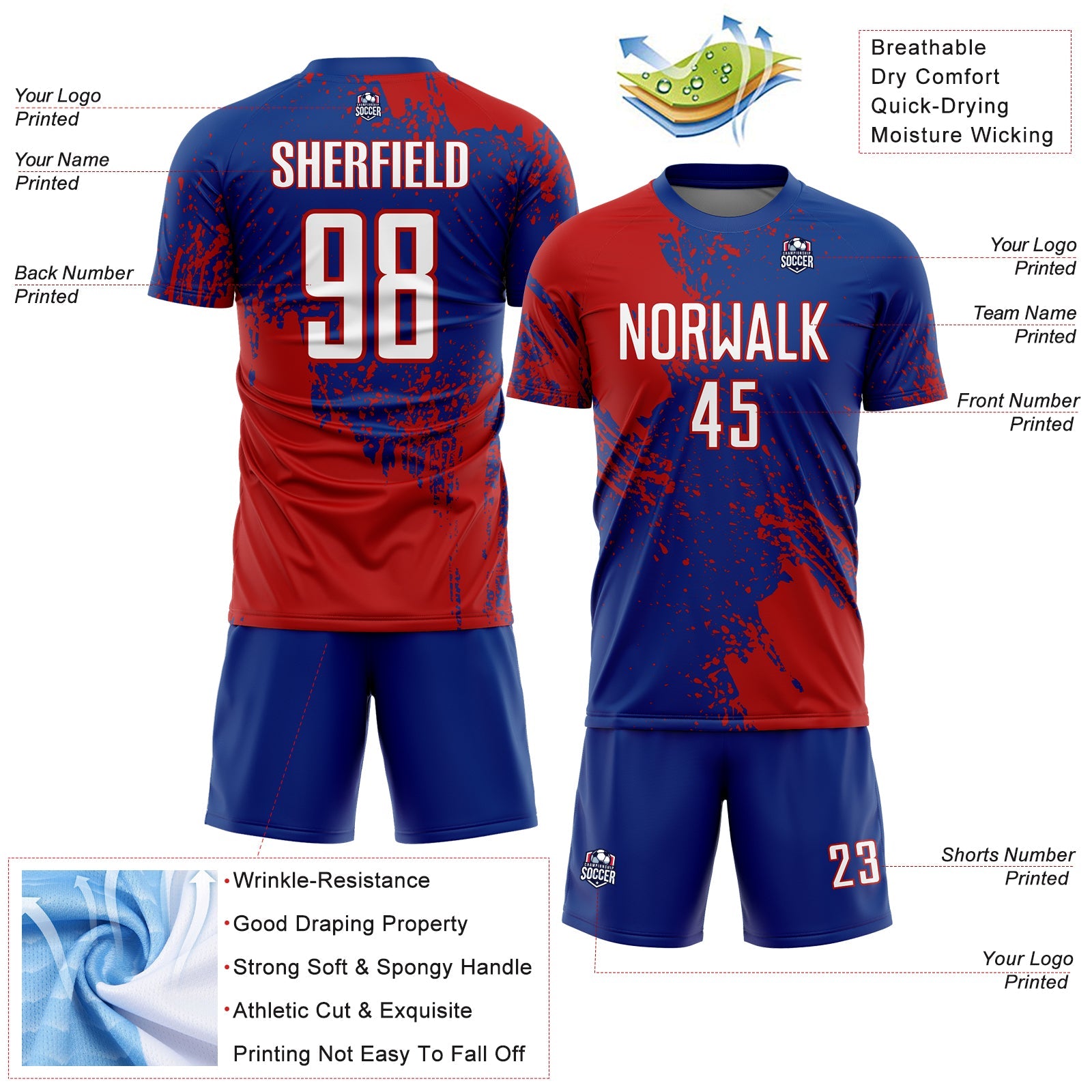 Custom Royal White-Red Abstract Brush Stroke Sports Sublimation Soccer Uniform Jersey view 4