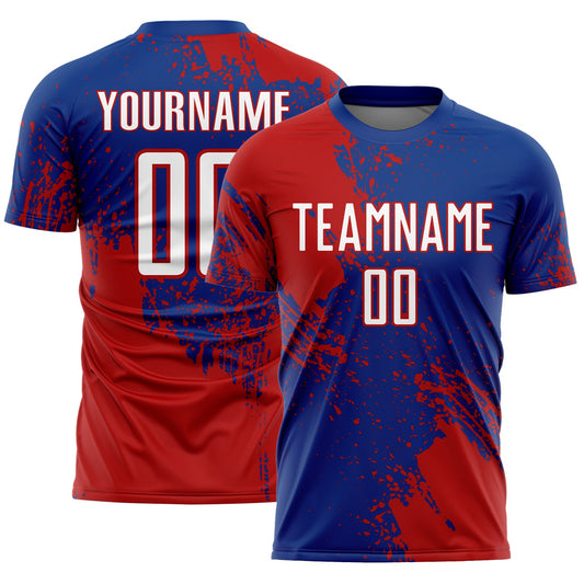 Custom Royal White-Red Abstract Brush Stroke Sports Sublimation Soccer Uniform Jersey - Main View