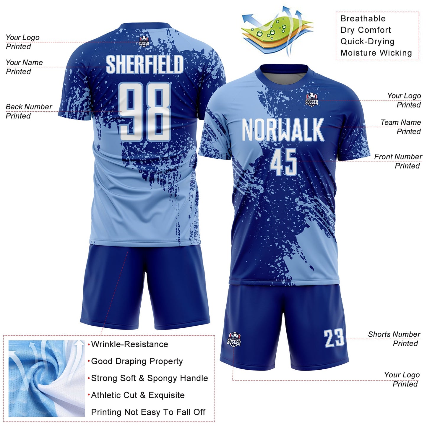 Custom Royal White-Light Blue Abstract Brush Stroke Sports Sublimation Soccer Uniform Jersey view 4