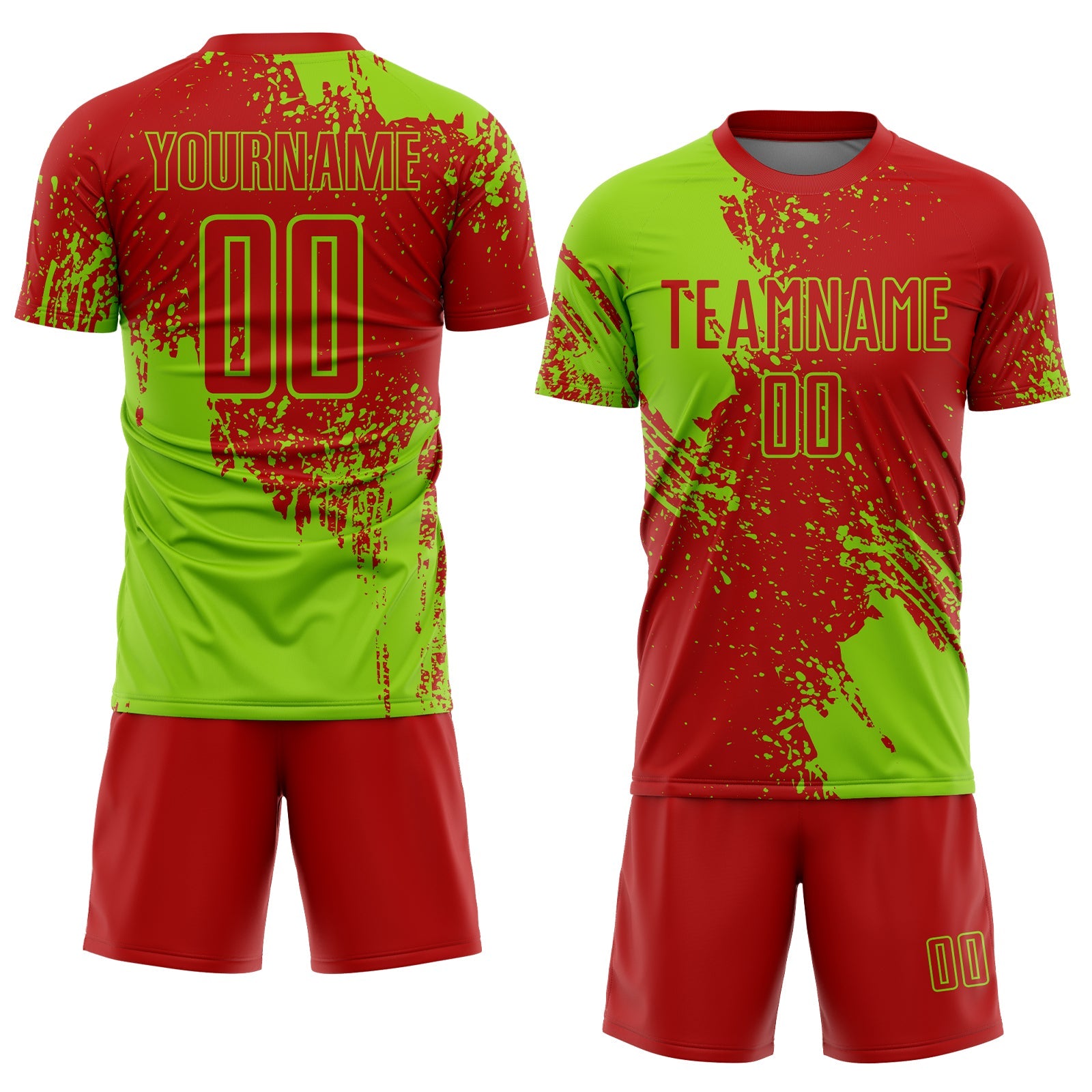 Custom Red Neon Green Abstract Brush Stroke Sports Sublimation Soccer Uniform Jersey view 2