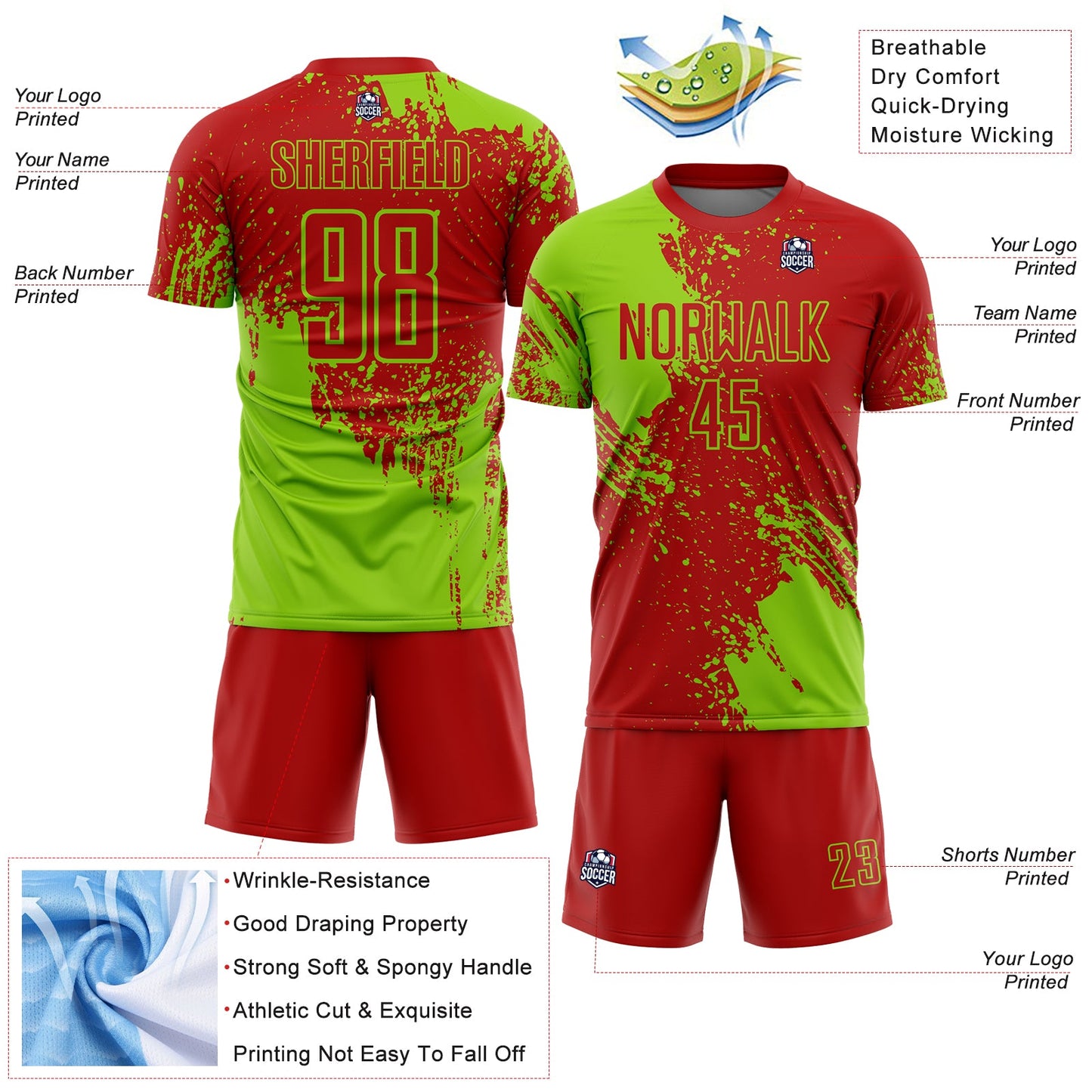 Custom Red Neon Green Abstract Brush Stroke Sports Sublimation Soccer Uniform Jersey view 4