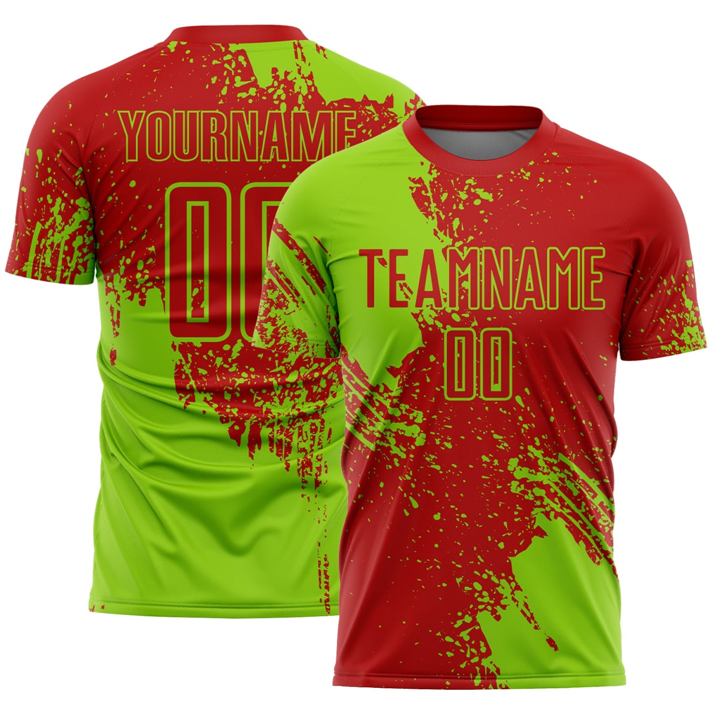 Custom Red Neon Green Abstract Brush Stroke Sports Sublimation Soccer Uniform Jersey - Main View