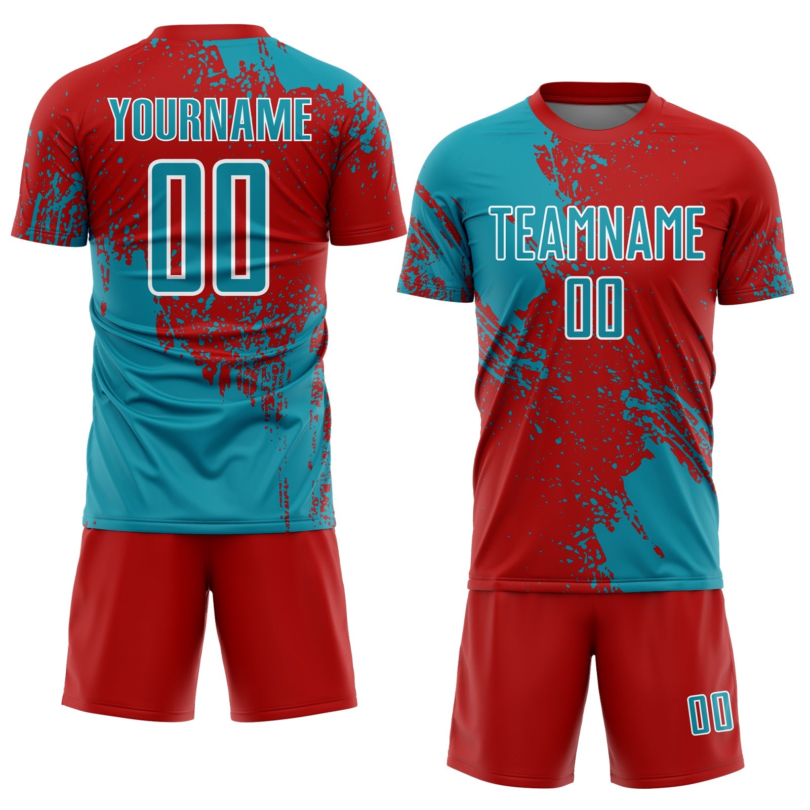 Custom Red Teal-White Abstract Brush Stroke Sports Sublimation Soccer Uniform Jersey view 2