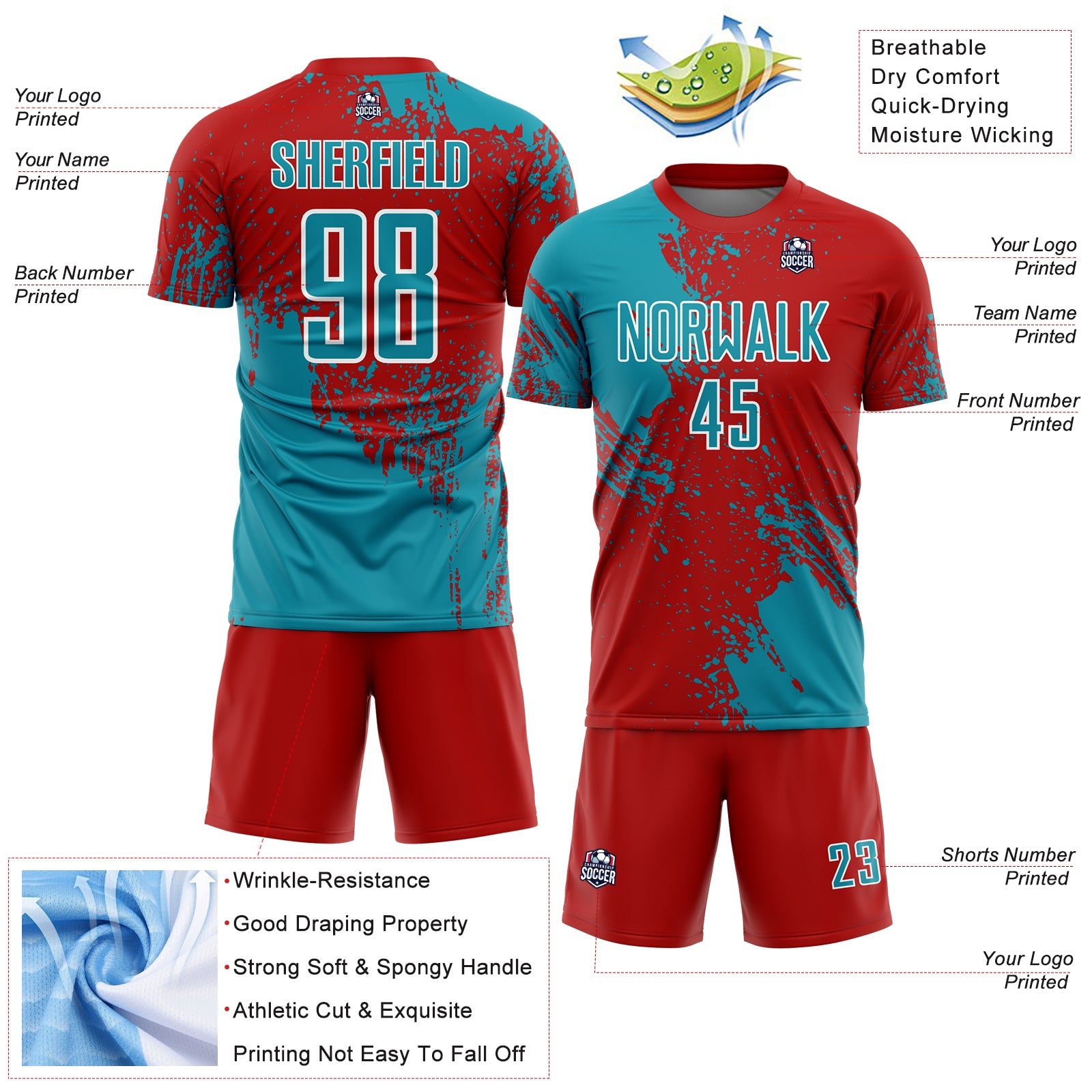 Custom Red Teal-White Abstract Brush Stroke Sports Sublimation Soccer Uniform Jersey view 4