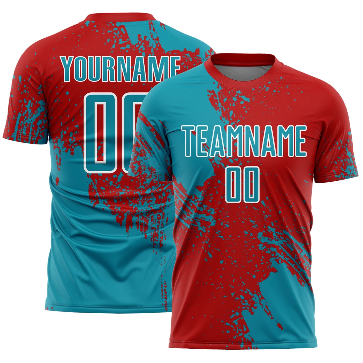 Custom Red Teal-White Abstract Brush Stroke Sports Sublimation Soccer Uniform Jersey - Main View