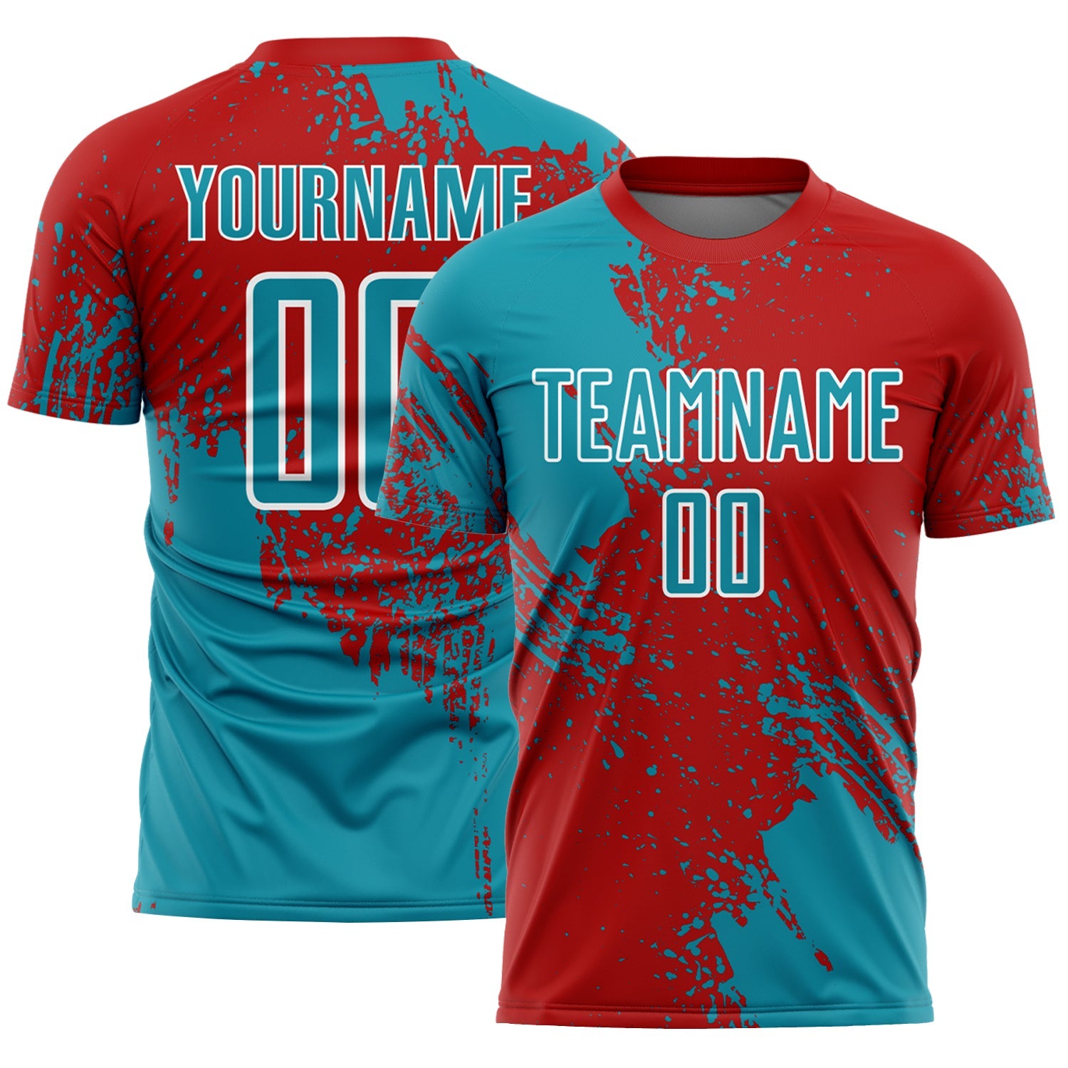 Custom Red Teal-White Abstract Brush Stroke Sports Sublimation Soccer Uniform Jersey - Main View