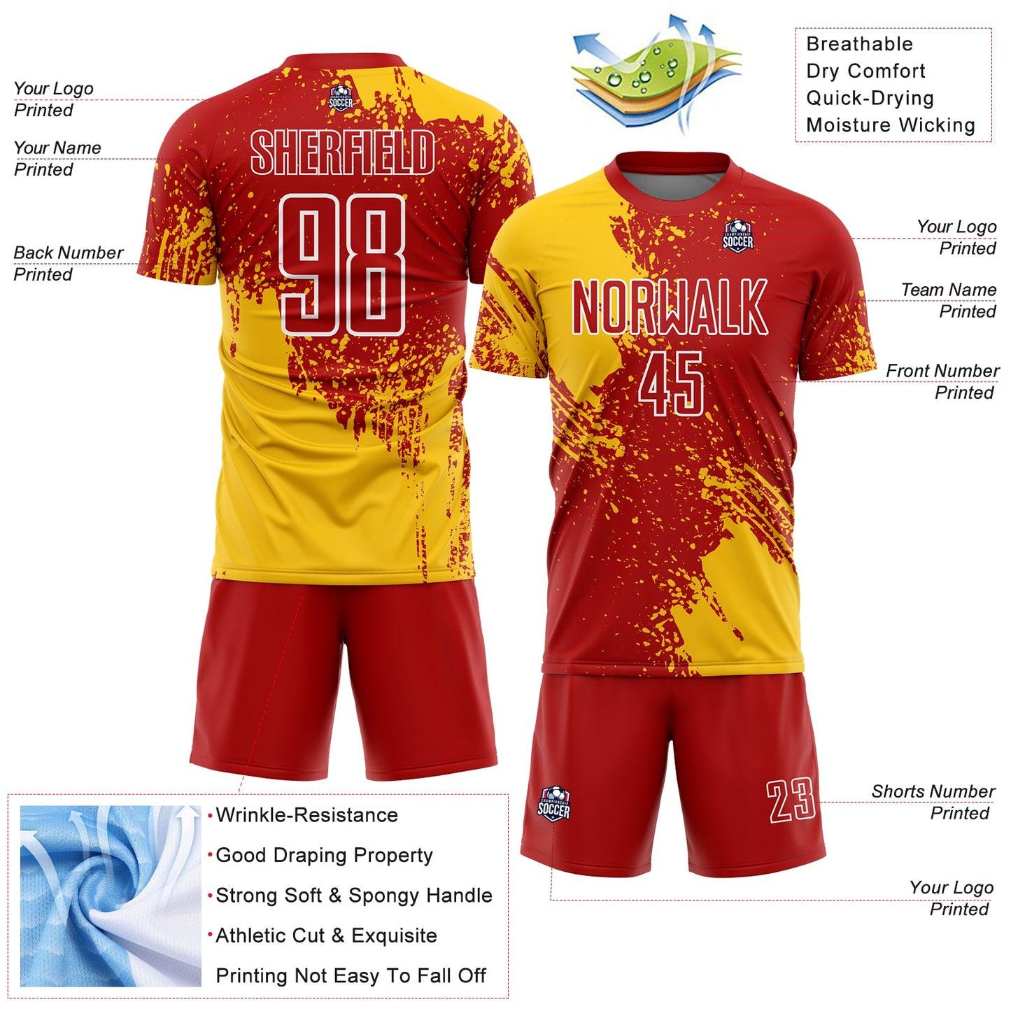 Custom Red Yellow-White Abstract Brush Stroke Sports Sublimation Soccer Uniform Jersey view 4