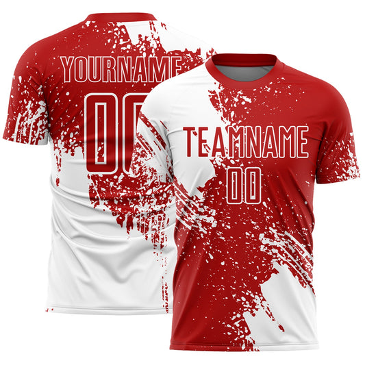 Custom Red White Abstract Brush Stroke Sports Sublimation Soccer Uniform Jersey - Main View