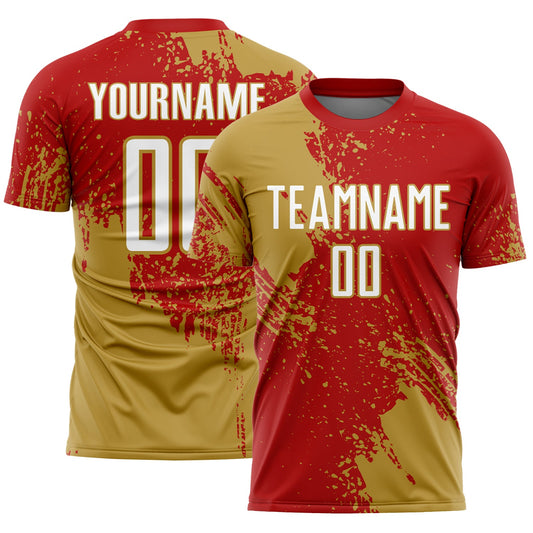 Custom Red White-Old Gold Abstract Brush Stroke Sports Sublimation Soccer Uniform Jersey - Main View