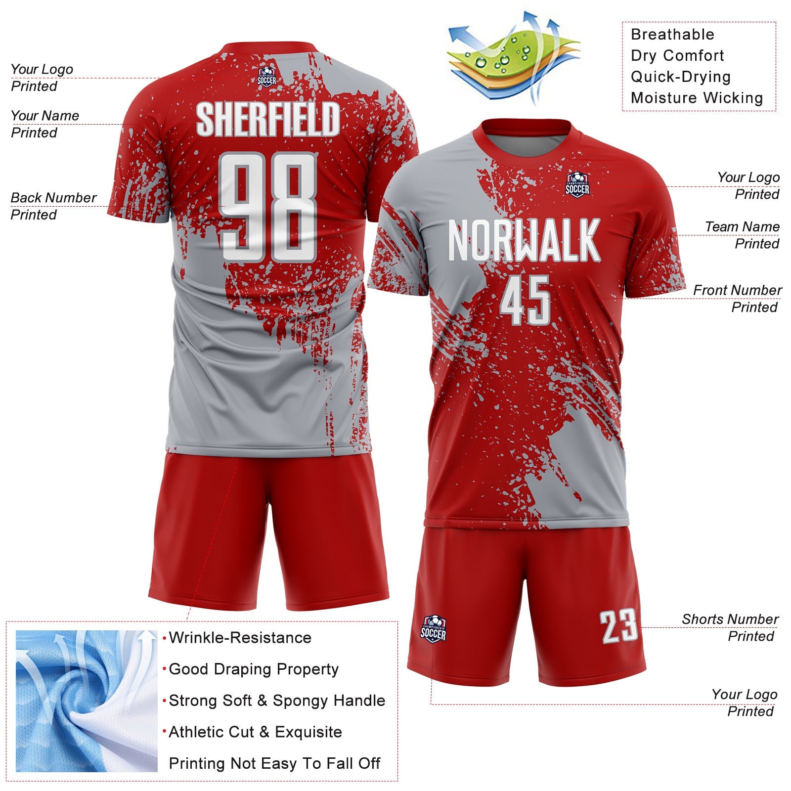Custom Red White-Gray Abstract Brush Stroke Sports Sublimation Soccer Uniform Jersey view 4