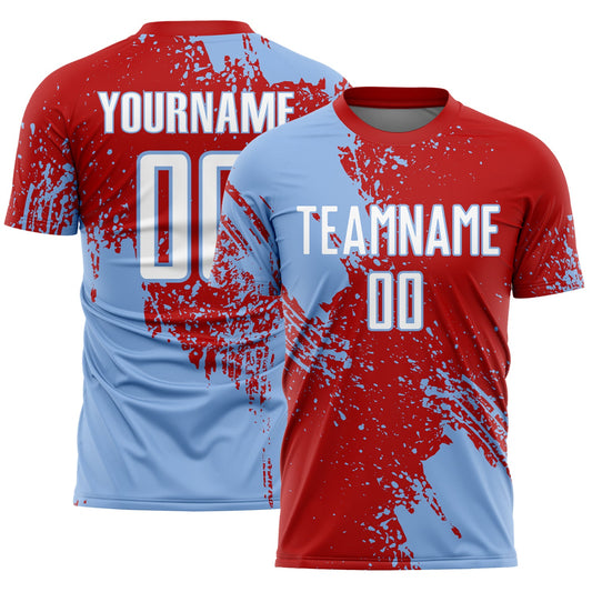 Custom Red White-Light Blue Abstract Brush Stroke Sports Sublimation Soccer Uniform Jersey - Main View