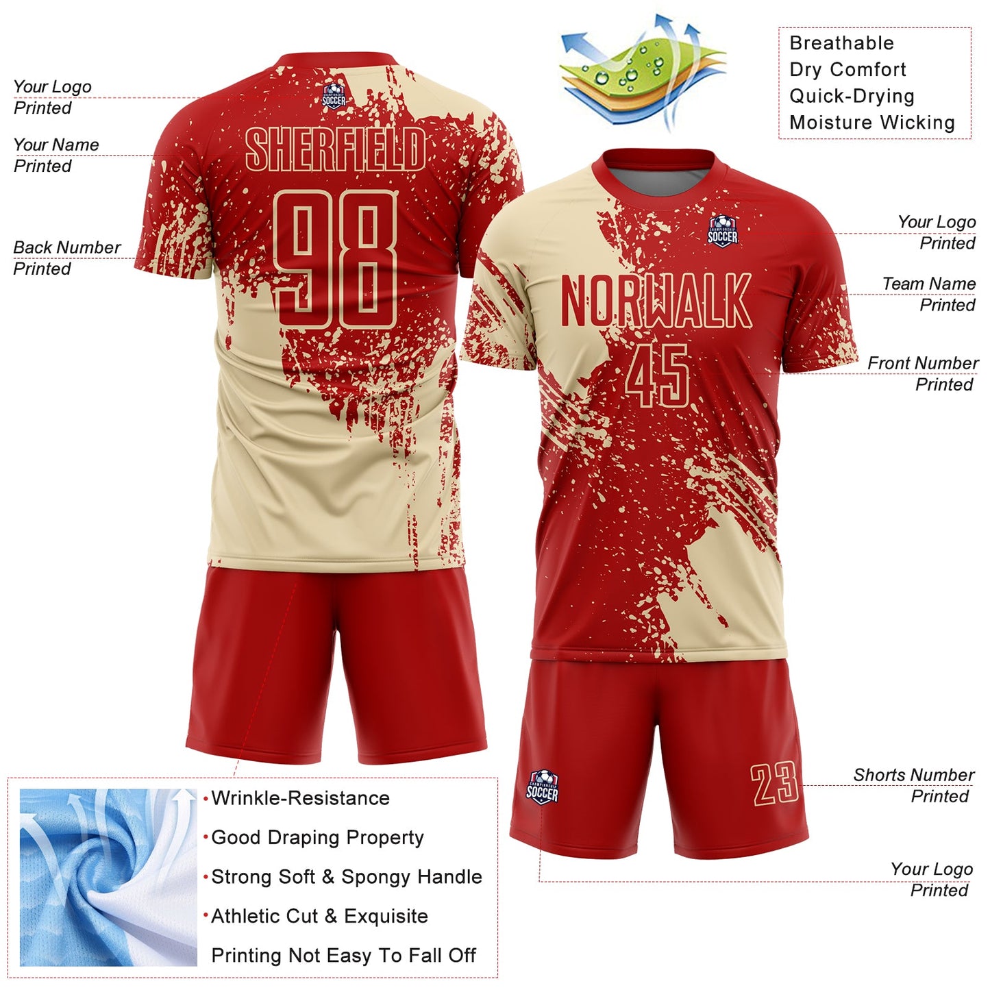 Custom Red Cream Abstract Brush Stroke Sports Sublimation Soccer Uniform Jersey view 4