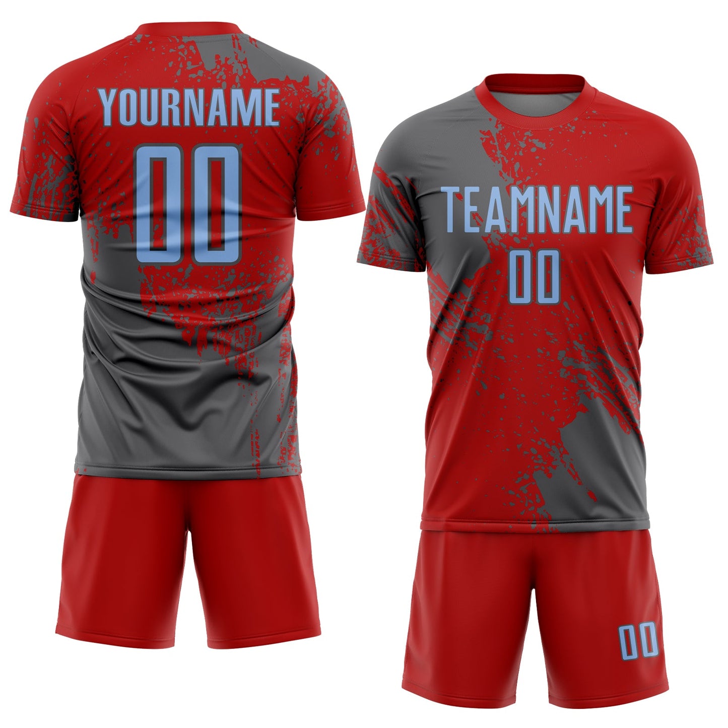 Custom Red Light Blue-Steel Gray Abstract Brush Stroke Sports Sublimation Soccer Uniform Jersey view 2