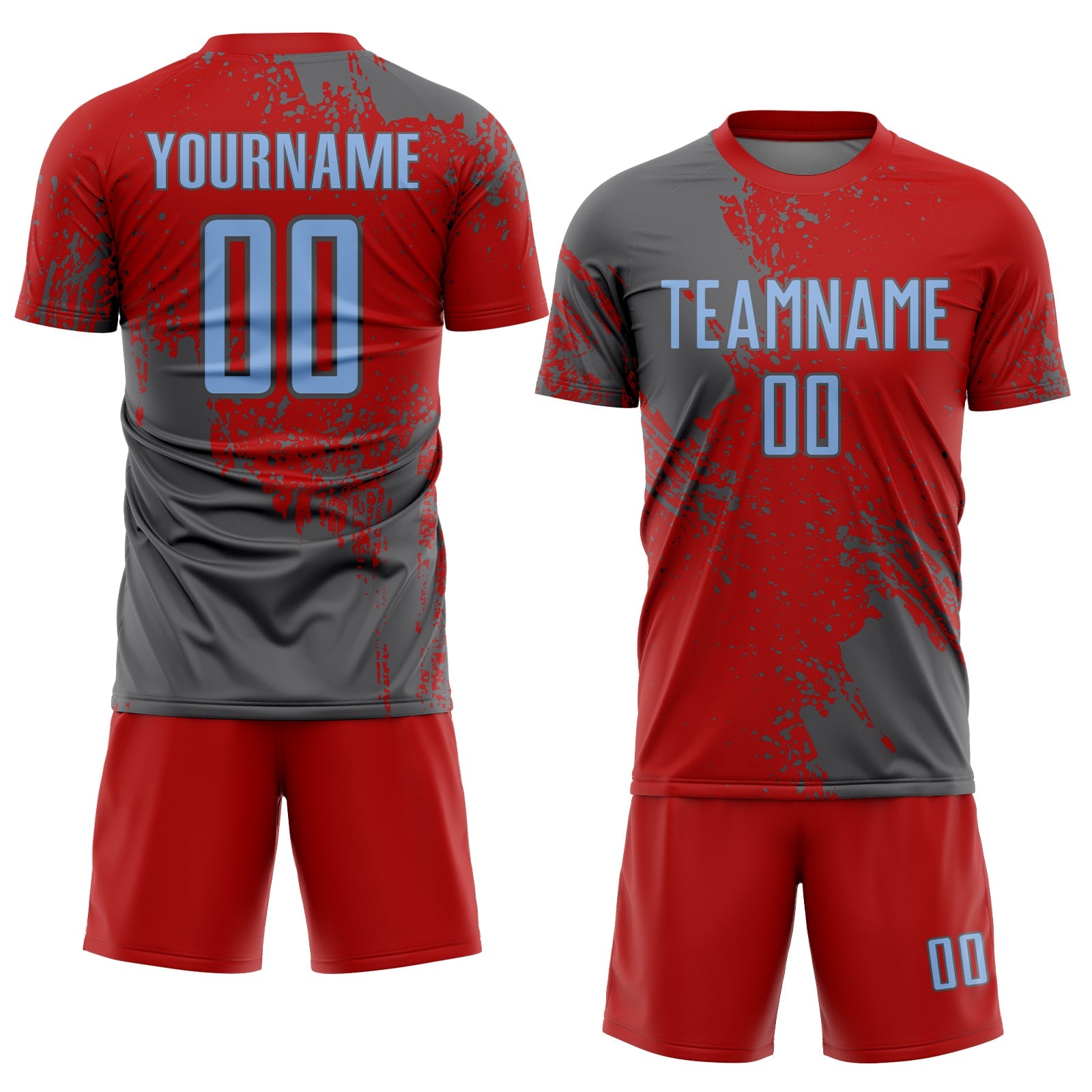Custom Red Light Blue-Steel Gray Abstract Brush Stroke Sports Sublimation Soccer Uniform Jersey view 2