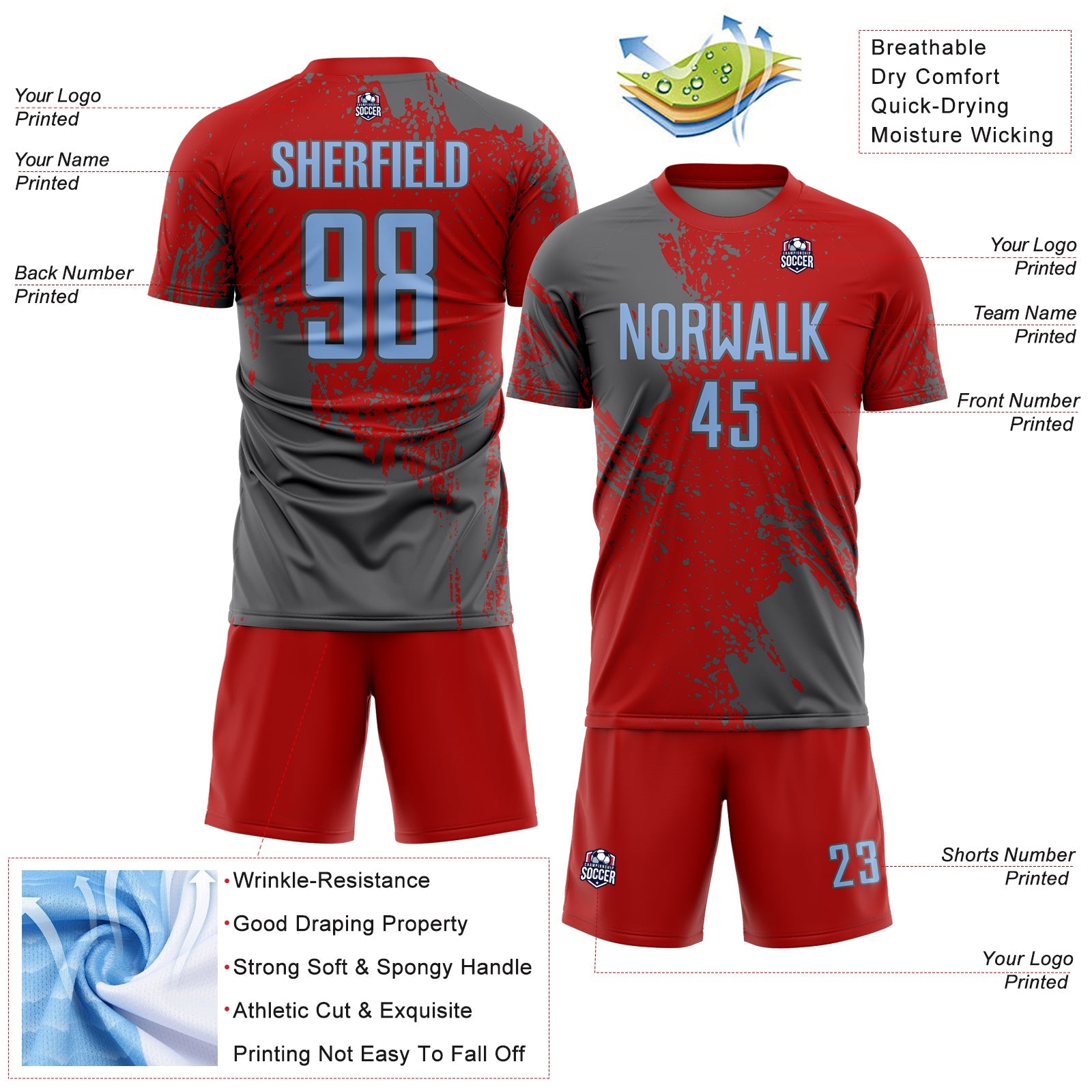 Custom Red Light Blue-Steel Gray Abstract Brush Stroke Sports Sublimation Soccer Uniform Jersey view 4