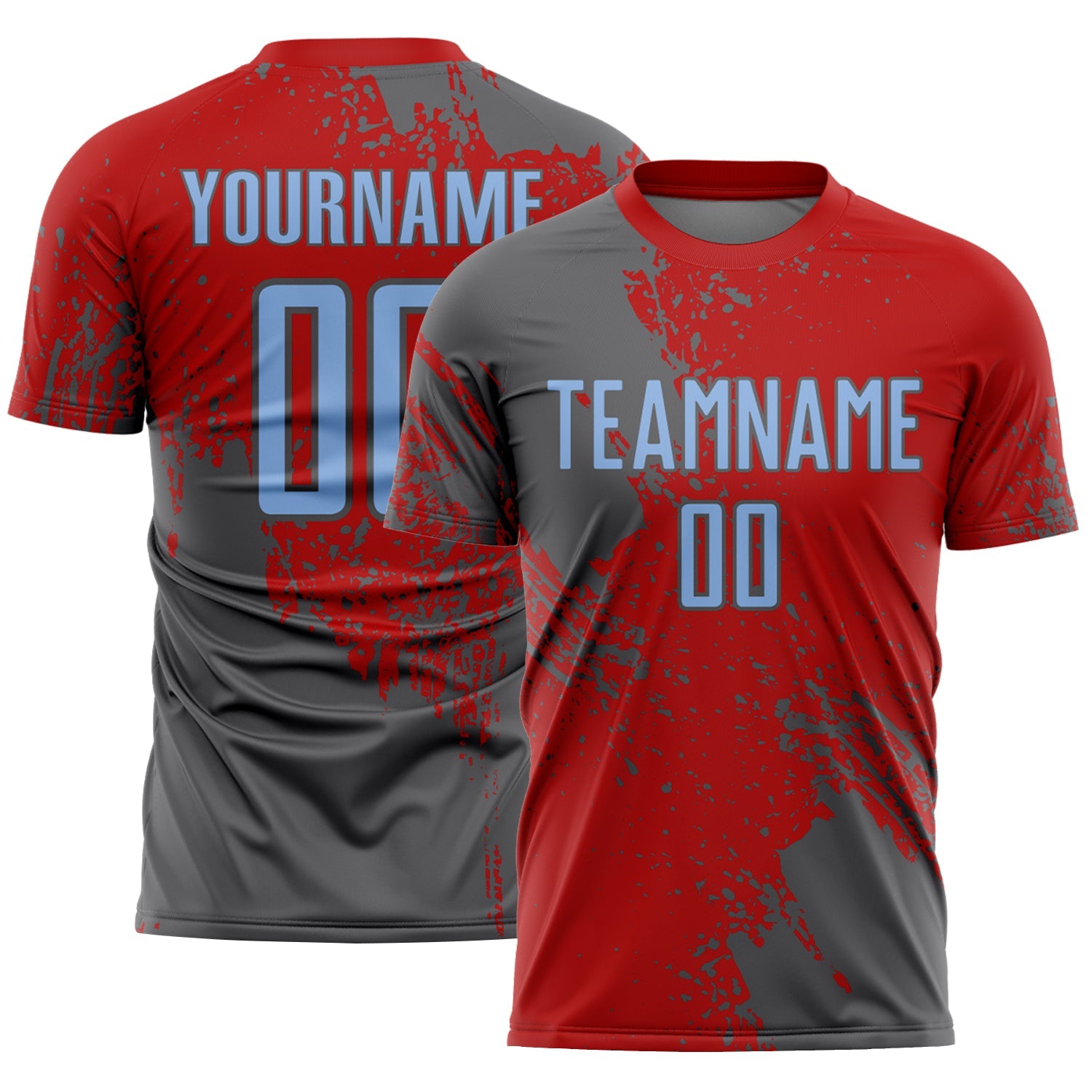 Custom Red Light Blue-Steel Gray Abstract Brush Stroke Sports Sublimation Soccer Uniform Jersey - Main View