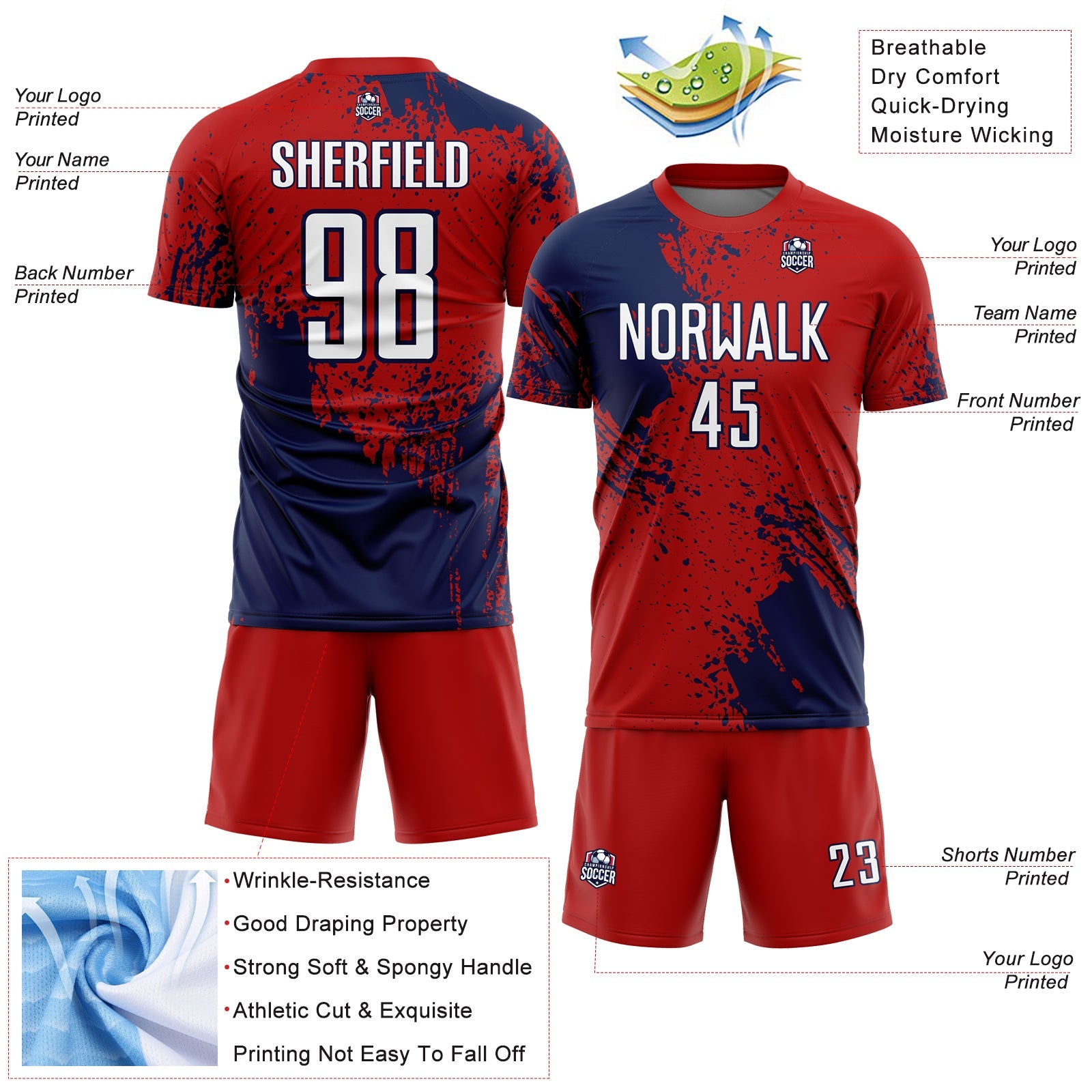 Custom Red White-Navy Abstract Brush Stroke Sports Sublimation Soccer Uniform Jersey view 4