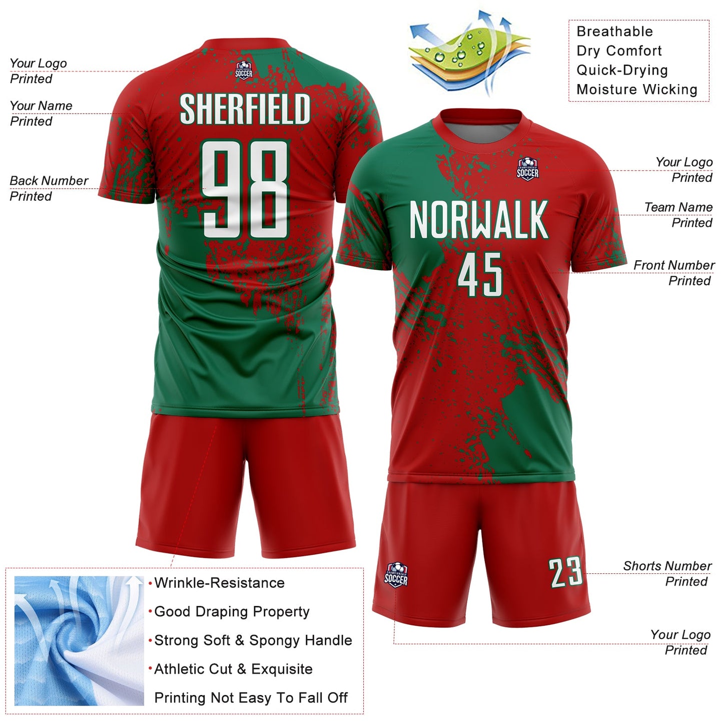 Custom Red White-Kelly Green Abstract Brush Stroke Sports Sublimation Soccer Uniform Jersey view 4