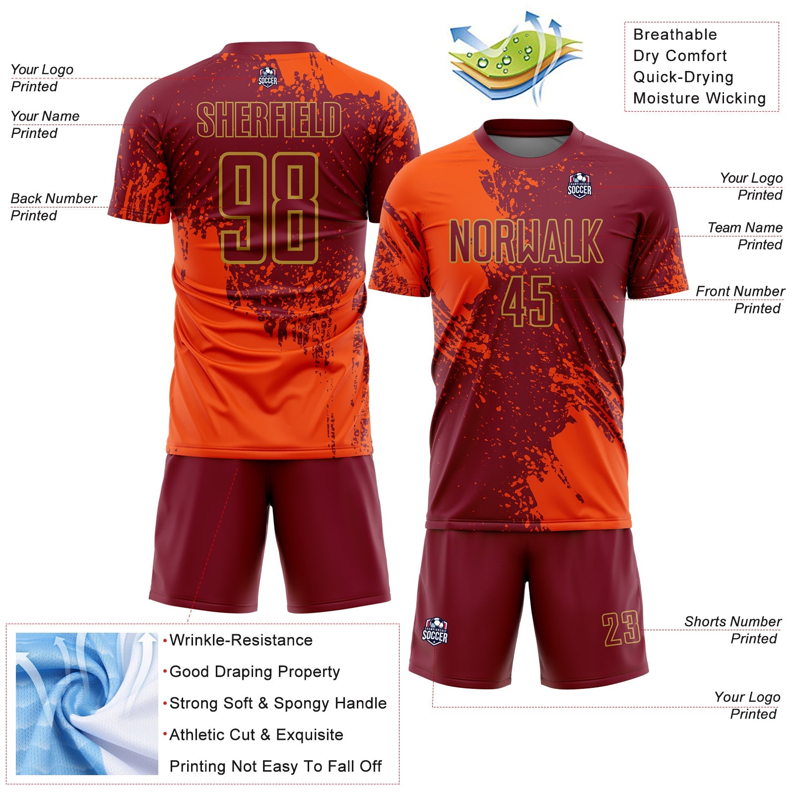 Custom Crimson Orange-Old Gold Abstract Brush Stroke Sports Sublimation Soccer Uniform Jersey view 4