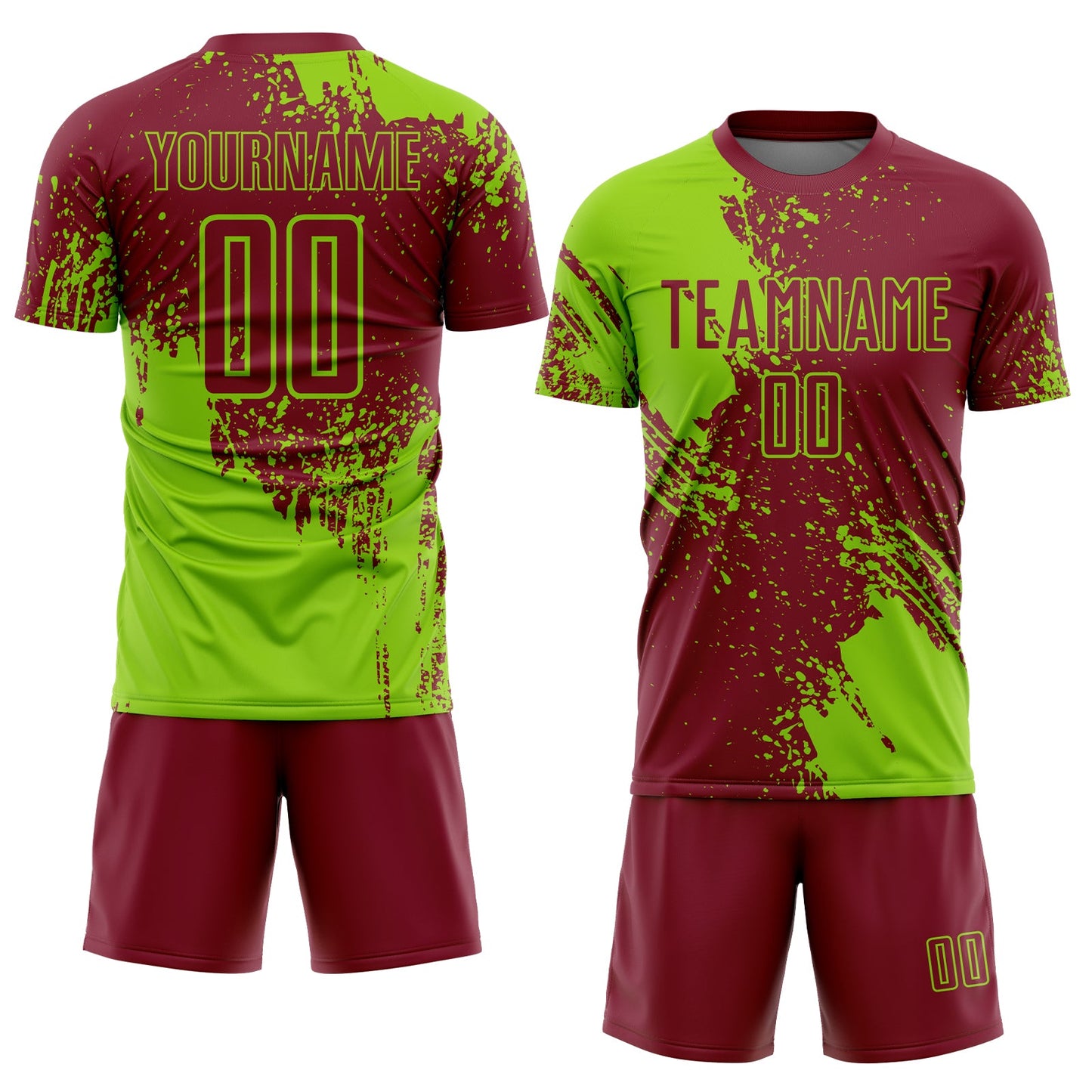 Custom Crimson Neon Green Abstract Brush Stroke Sports Sublimation Soccer Uniform Jersey view 2