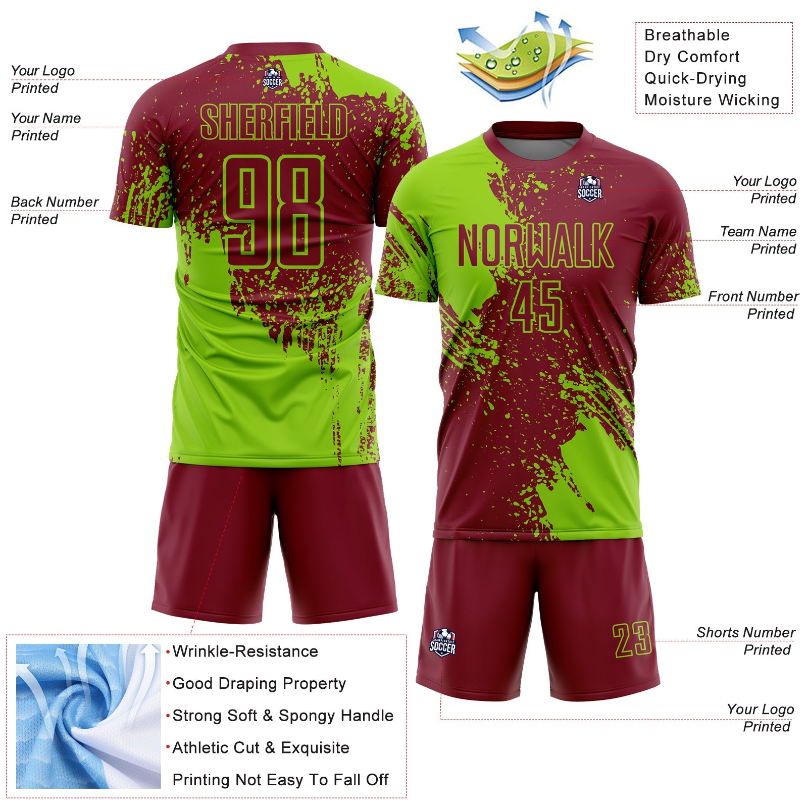 Custom Crimson Neon Green Abstract Brush Stroke Sports Sublimation Soccer Uniform Jersey view 4
