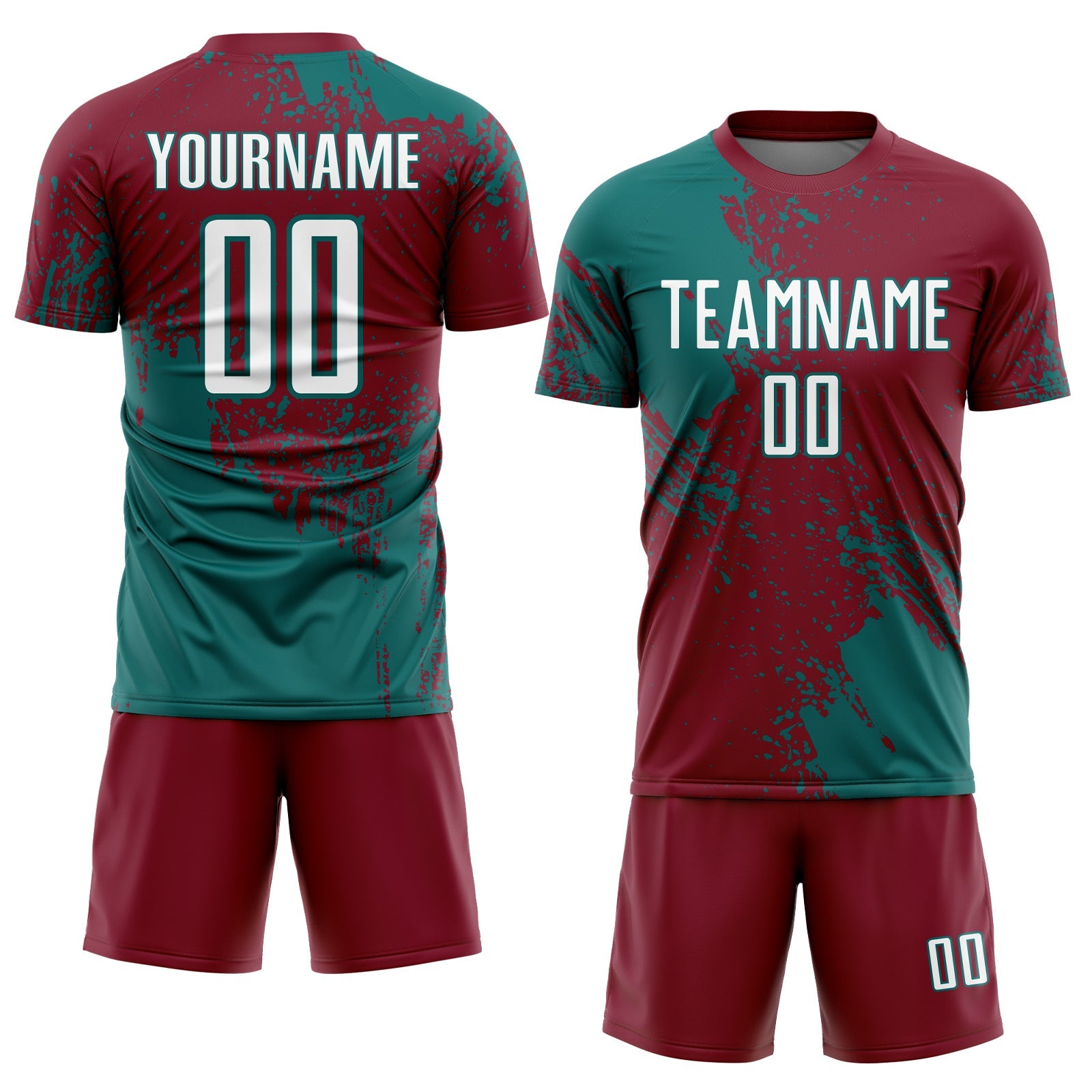 Custom Crimson White-Teal Abstract Brush Stroke Sports Sublimation Soccer Uniform Jersey view 2