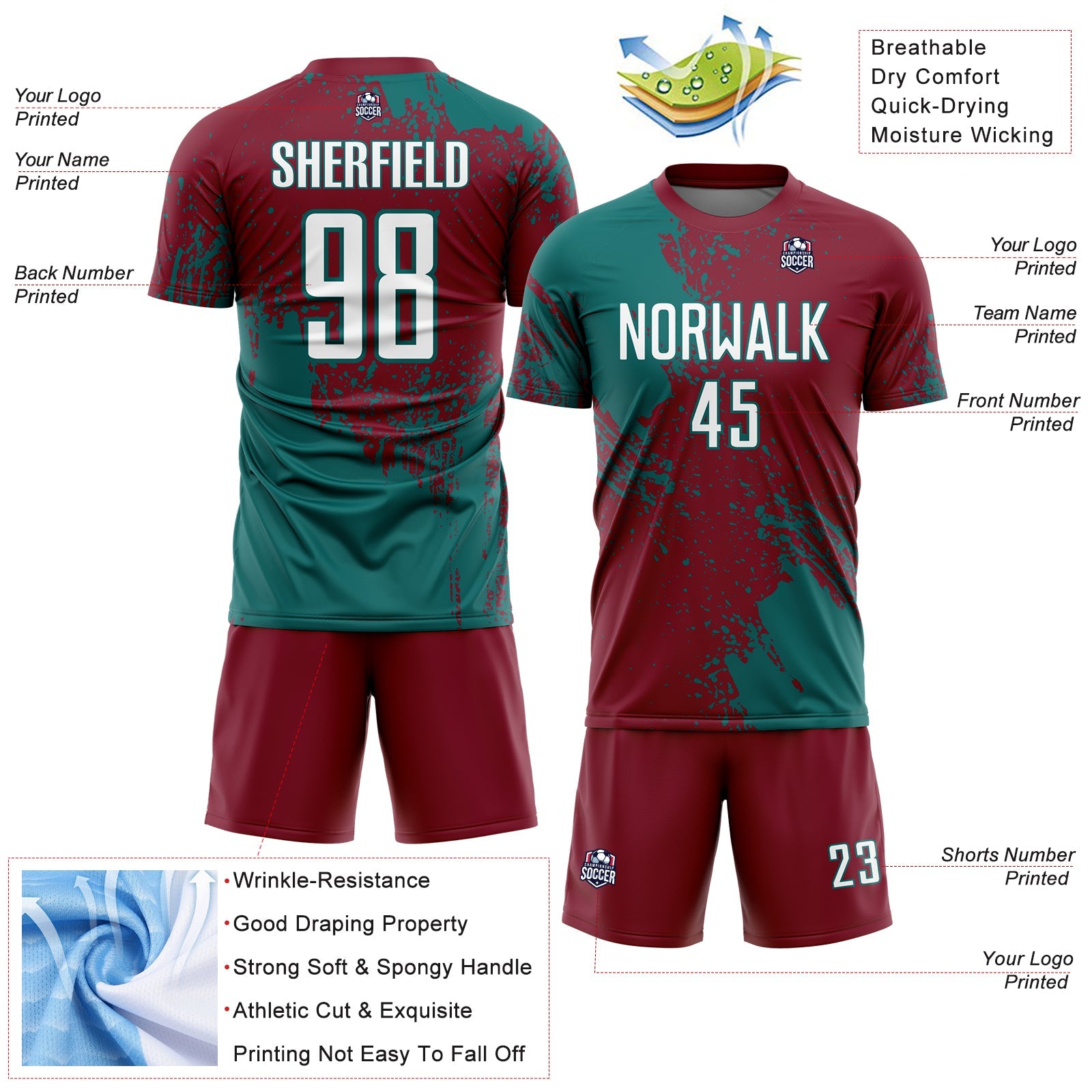 Custom Crimson White-Teal Abstract Brush Stroke Sports Sublimation Soccer Uniform Jersey view 4