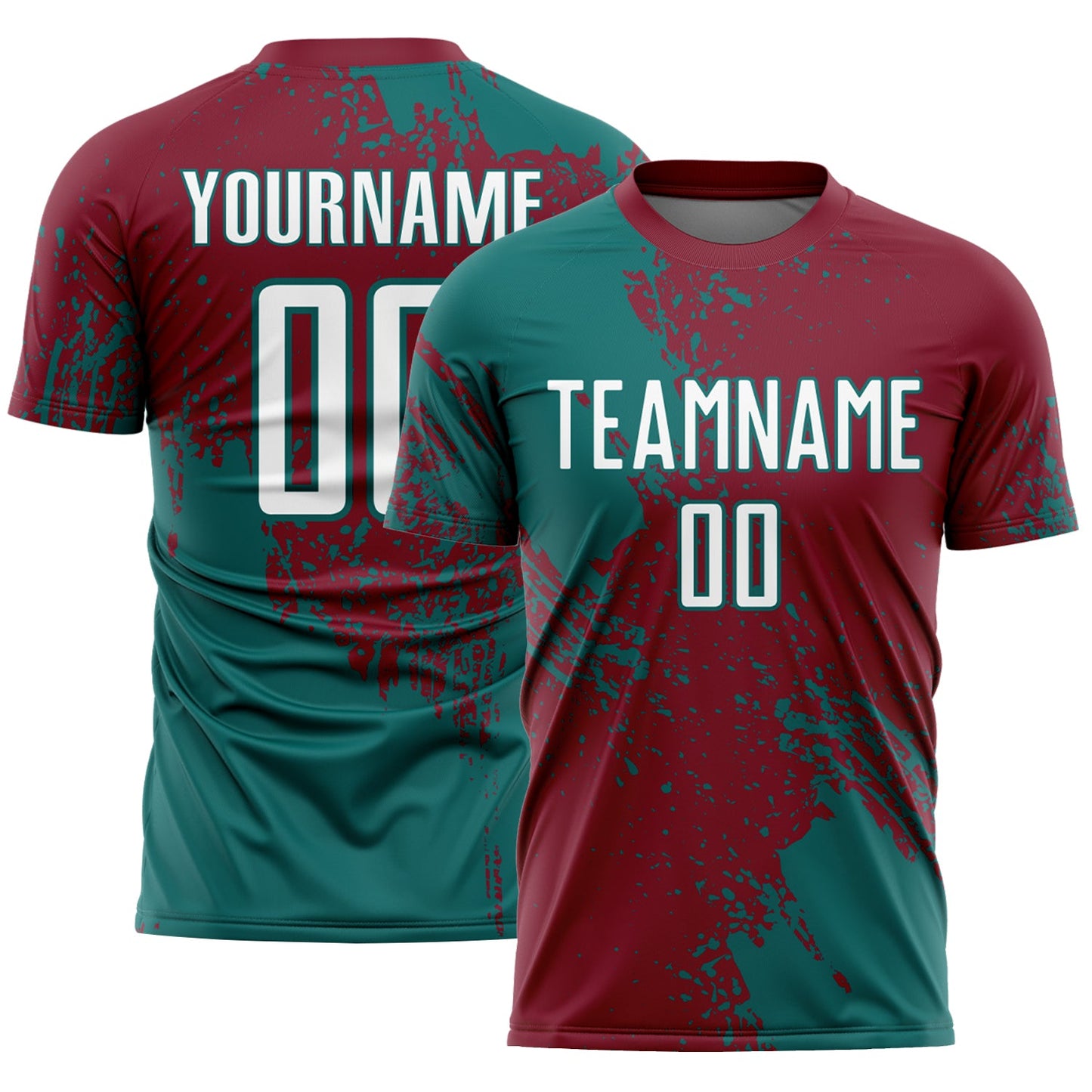Custom Crimson White-Teal Abstract Brush Stroke Sports Sublimation Soccer Uniform Jersey - Main View