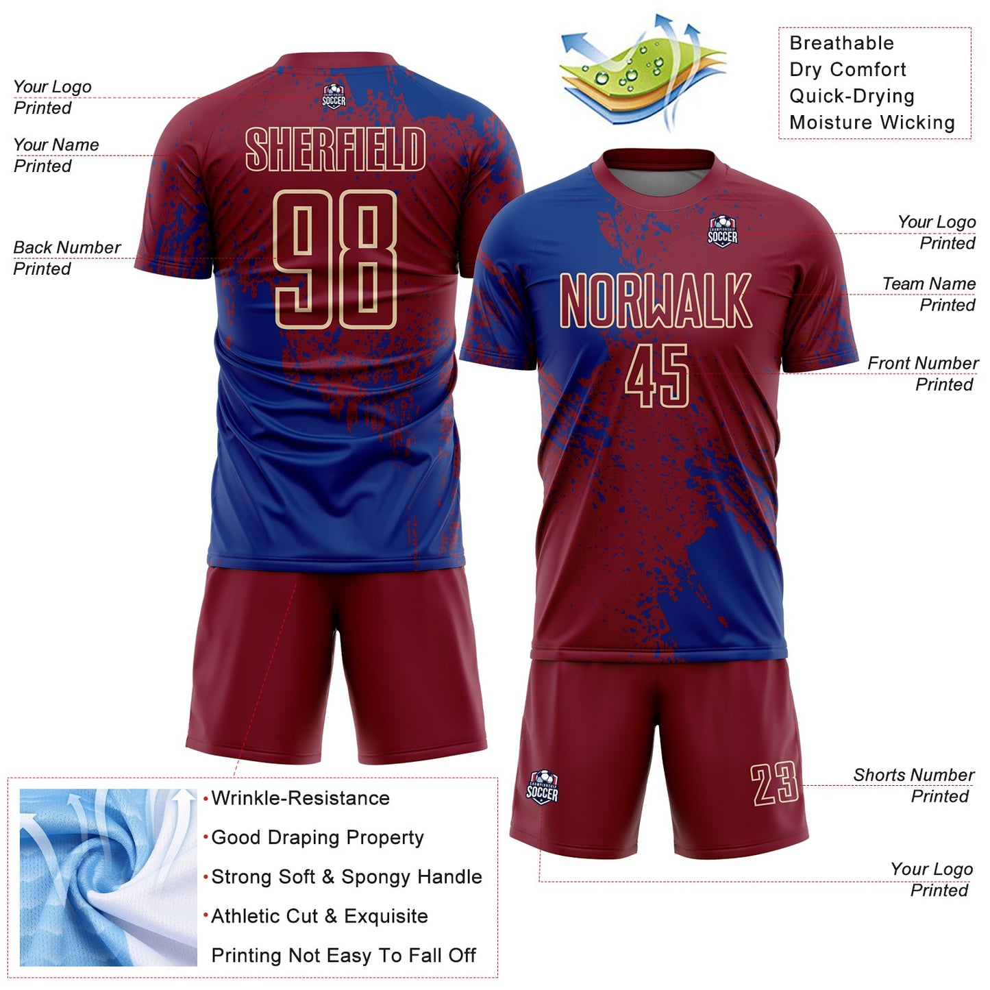 Custom Crimson Royal-Cream Abstract Brush Stroke Sports Sublimation Soccer Uniform Jersey view 4