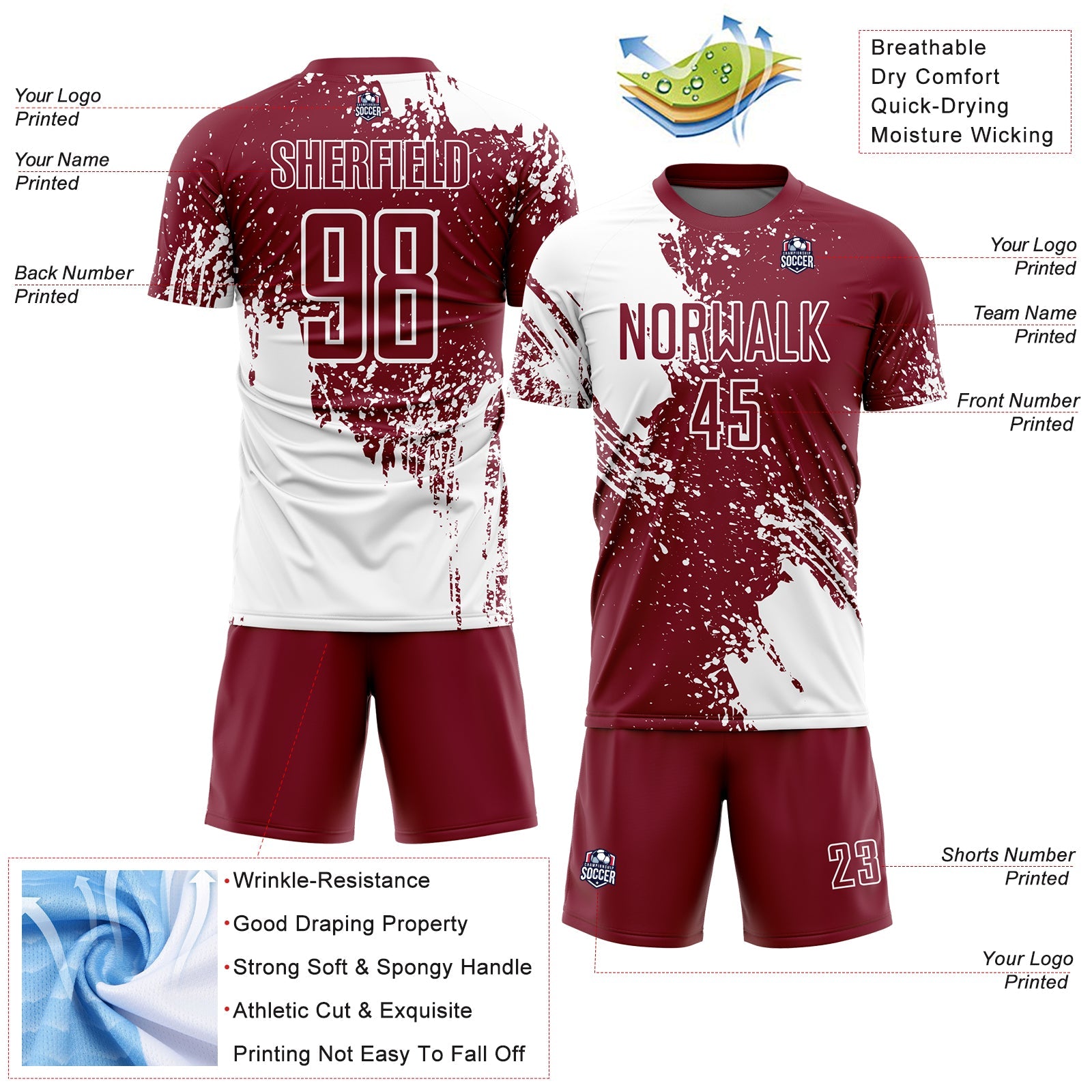 Custom Crimson White Abstract Brush Stroke Sports Sublimation Soccer Uniform Jersey view 4