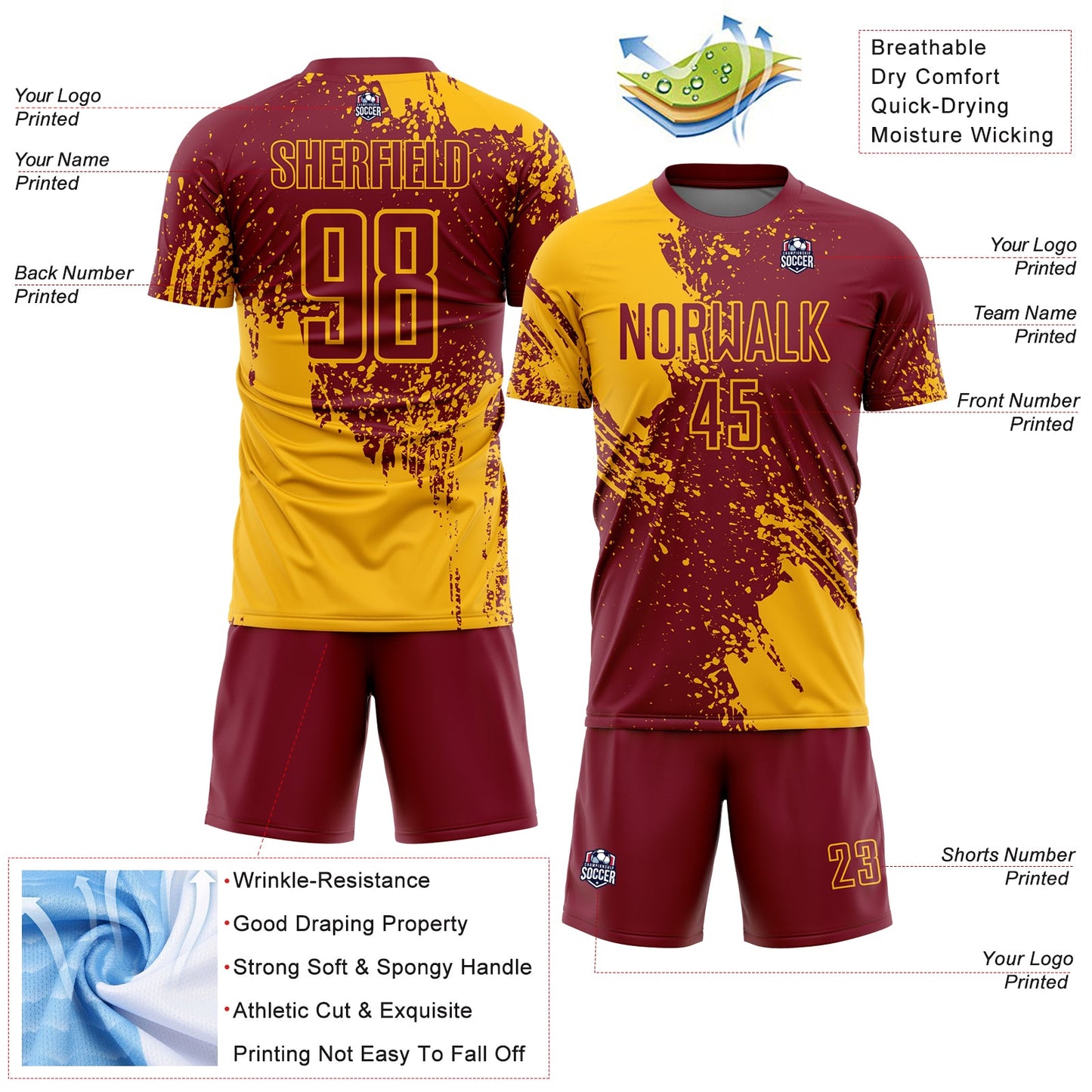 Custom Crimson Gold Abstract Brush Stroke Sports Sublimation Soccer Uniform Jersey view 4