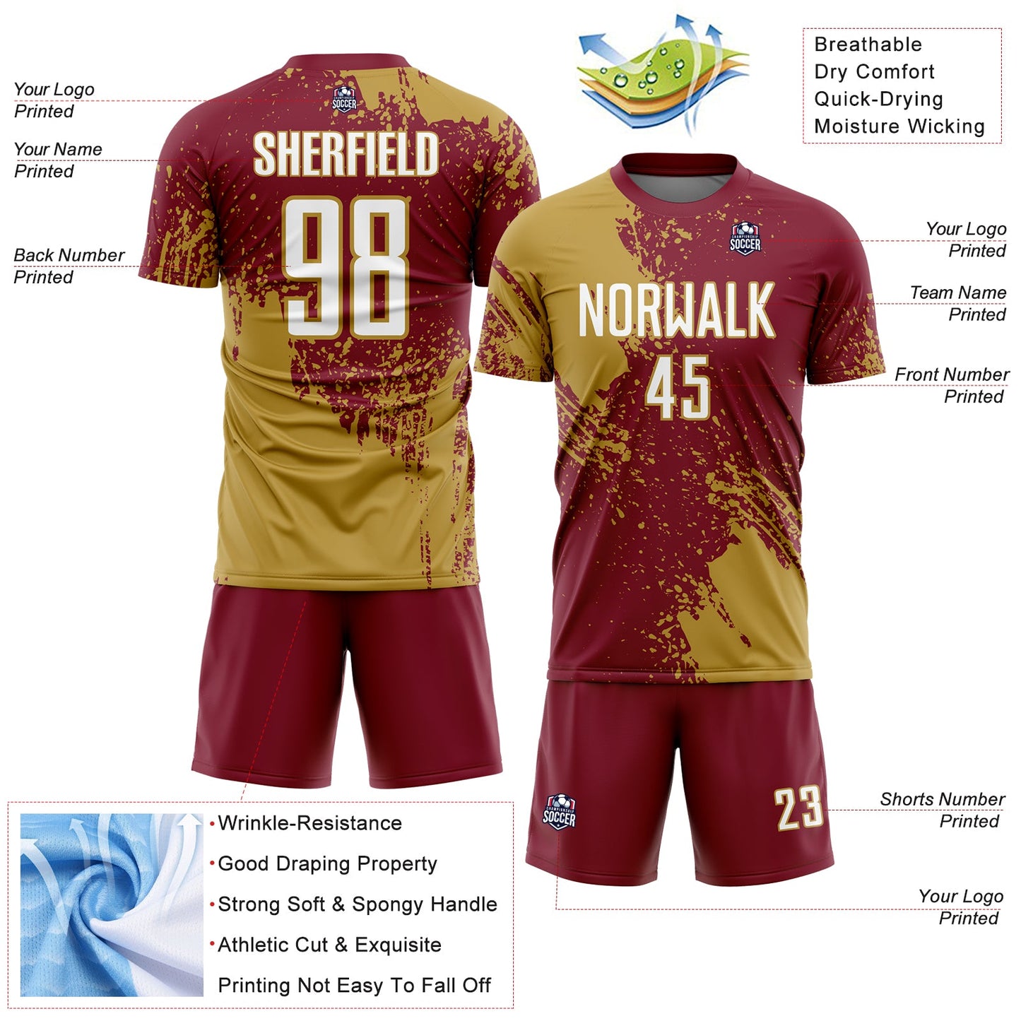 Custom Crimson White-Old Gold Abstract Brush Stroke Sports Sublimation Soccer Uniform Jersey view 4