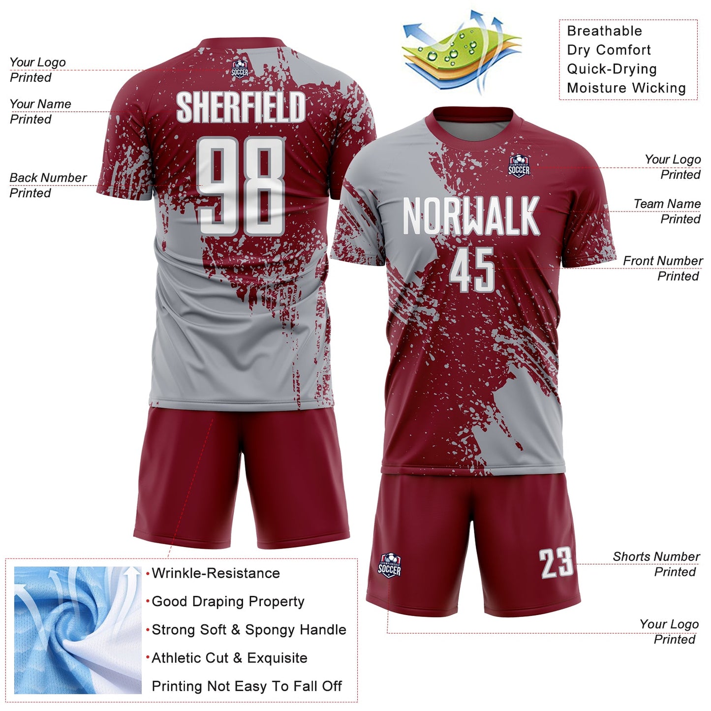 Custom Crimson White-Gray Abstract Brush Stroke Sports Sublimation Soccer Uniform Jersey view 4