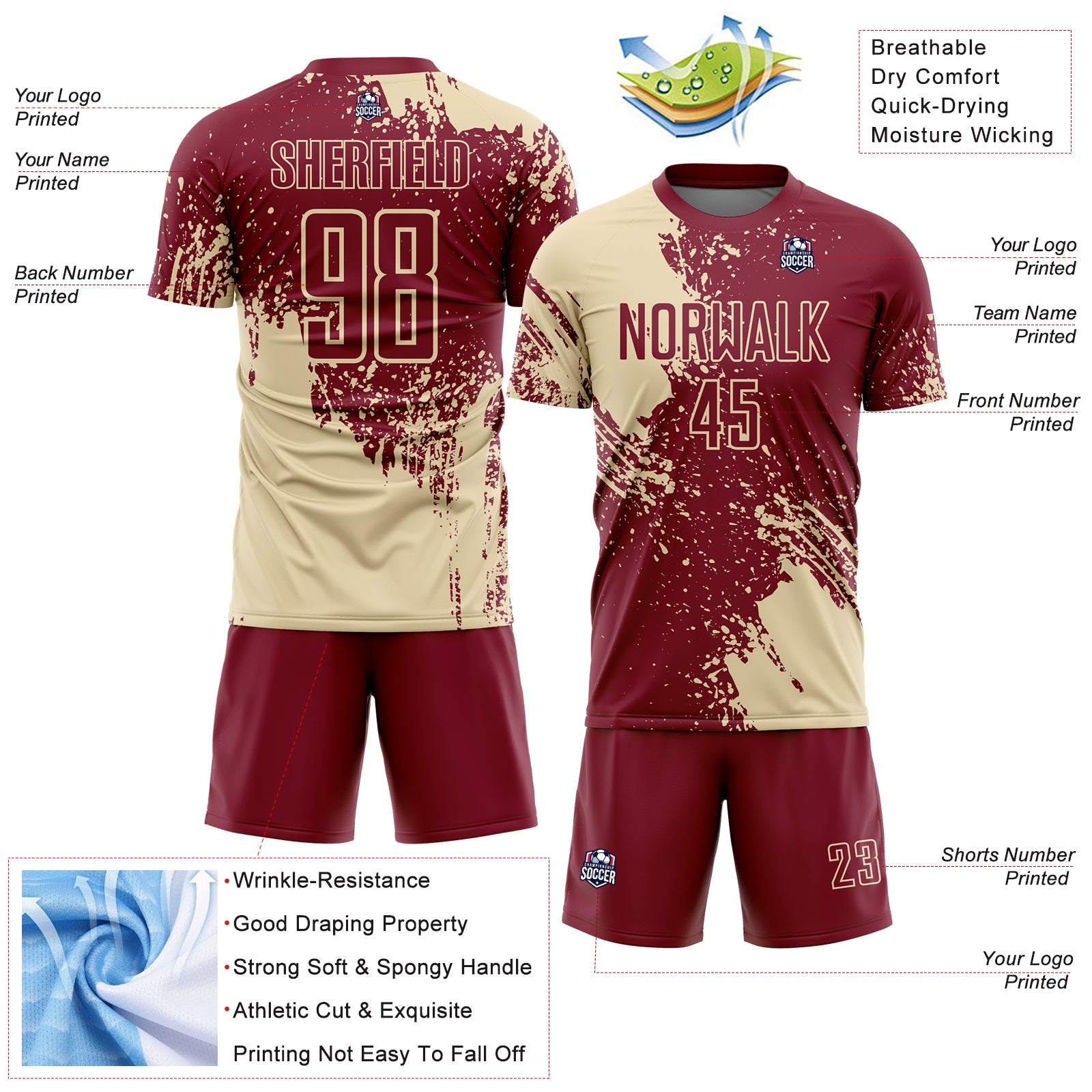 Custom Crimson Cream Abstract Brush Stroke Sports Sublimation Soccer Uniform Jersey view 4