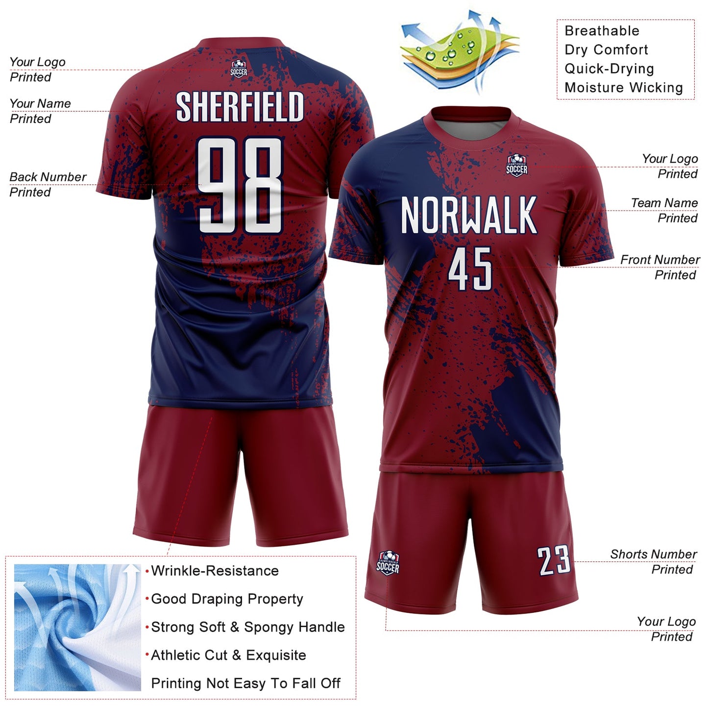 Custom Crimson White-Navy Abstract Brush Stroke Sports Sublimation Soccer Uniform Jersey view 4