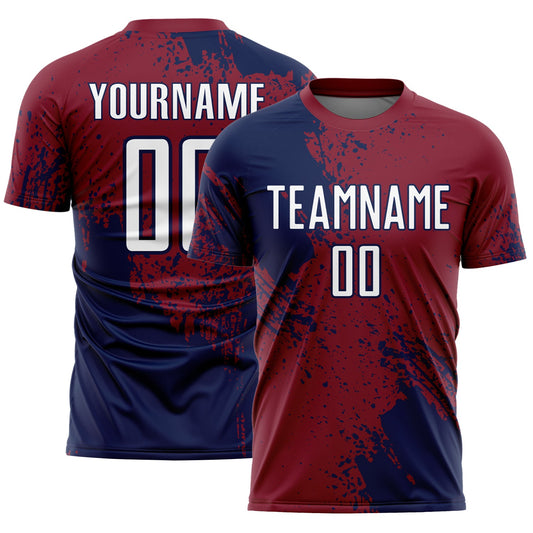 Custom Crimson White-Navy Abstract Brush Stroke Sports Sublimation Soccer Uniform Jersey - Main View