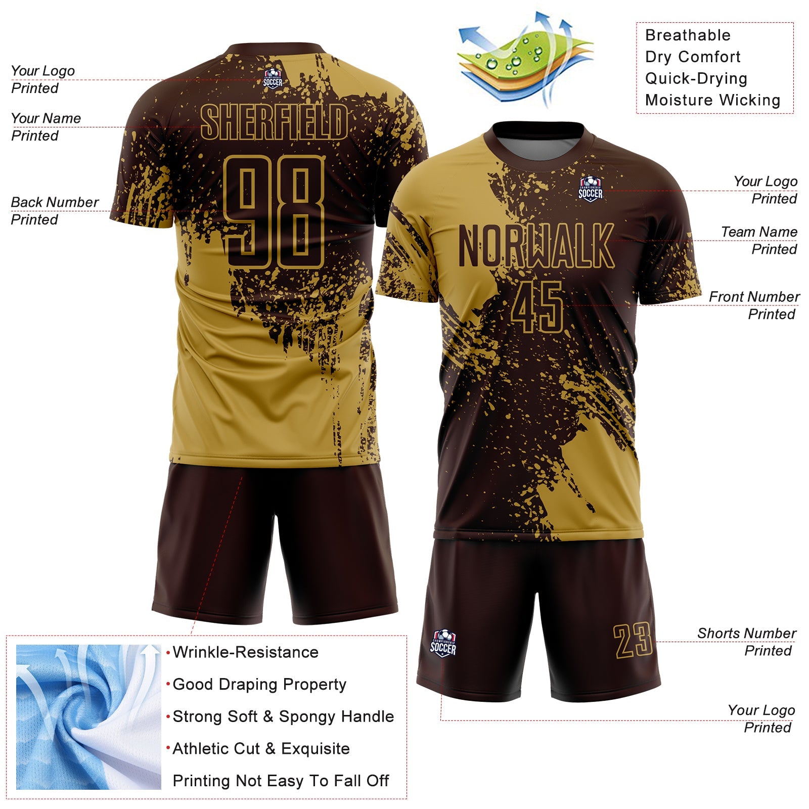 Custom Brown Old Gold Abstract Brush Stroke Sports Sublimation Soccer Uniform Jersey view 4