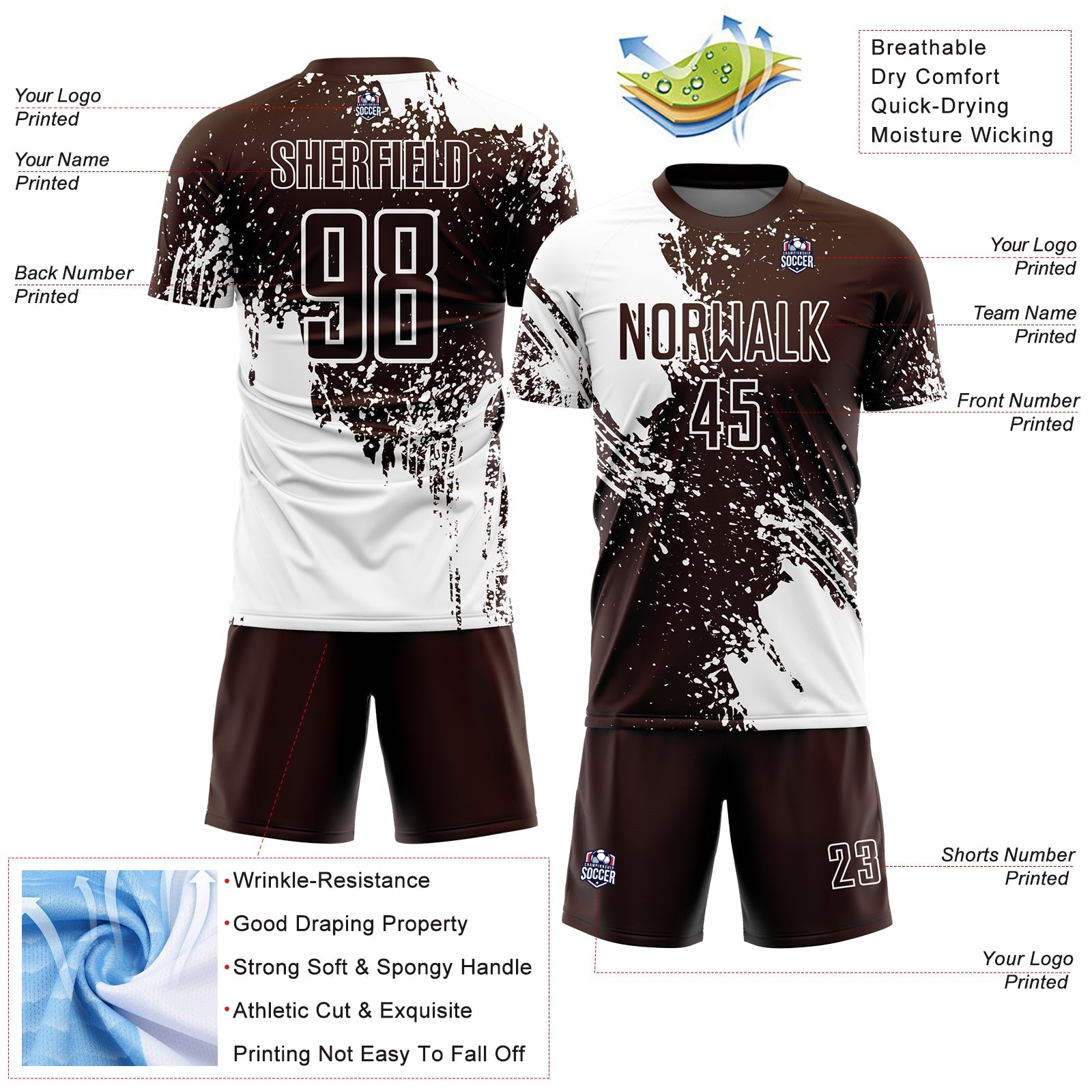 Custom Brown White Abstract Brush Stroke Sports Sublimation Soccer Uniform Jersey view 4