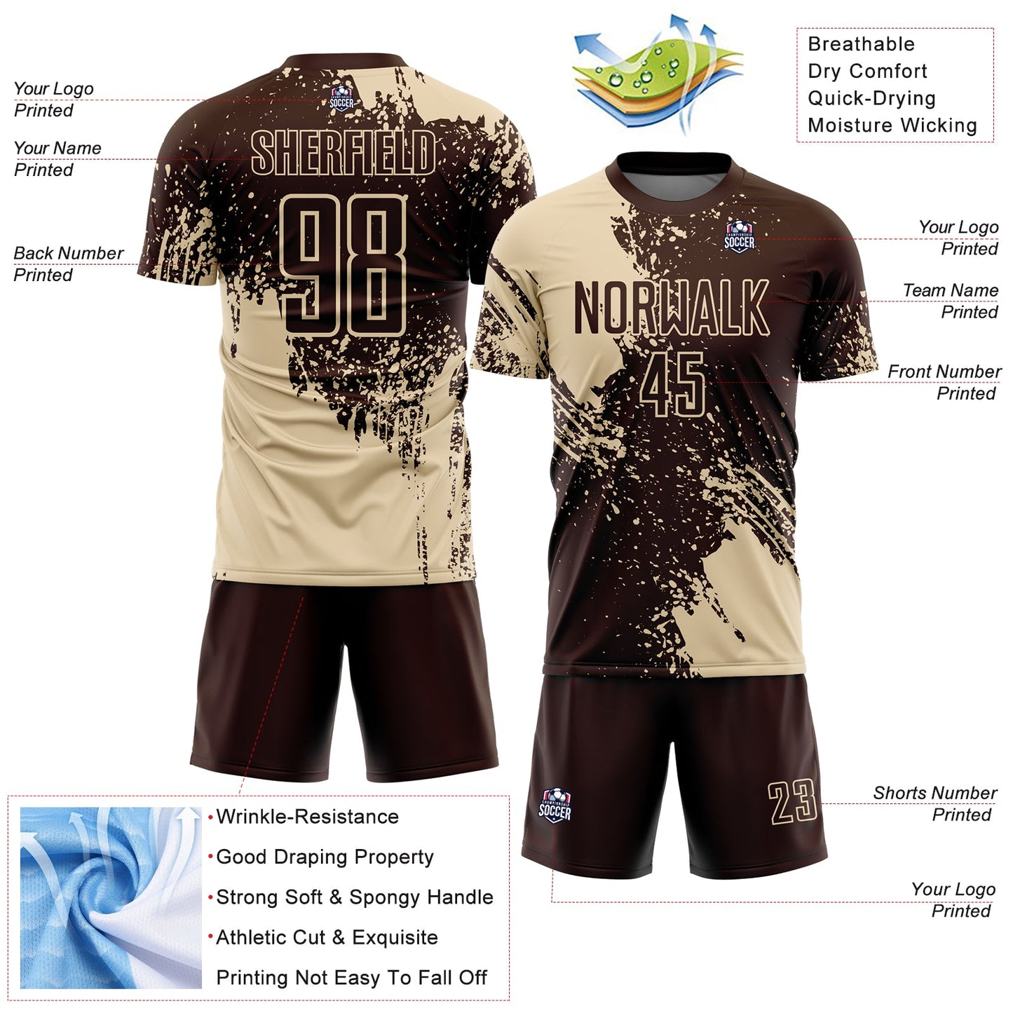 Custom Brown Cream Abstract Brush Stroke Sports Sublimation Soccer Uniform Jersey view 4