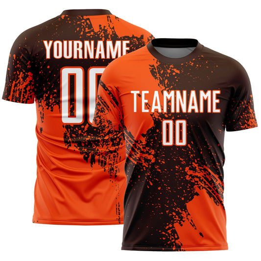Custom Brown White-Orange Abstract Brush Stroke Sports Sublimation Soccer Uniform Jersey - Main View