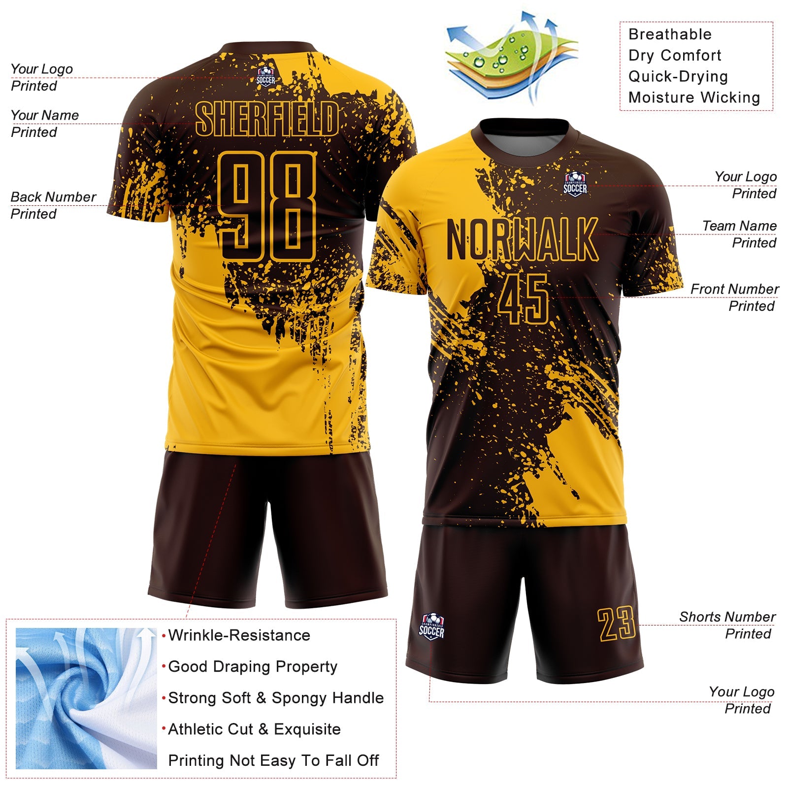 Custom Brown Gold Abstract Brush Stroke Sports Sublimation Soccer Uniform Jersey view 4