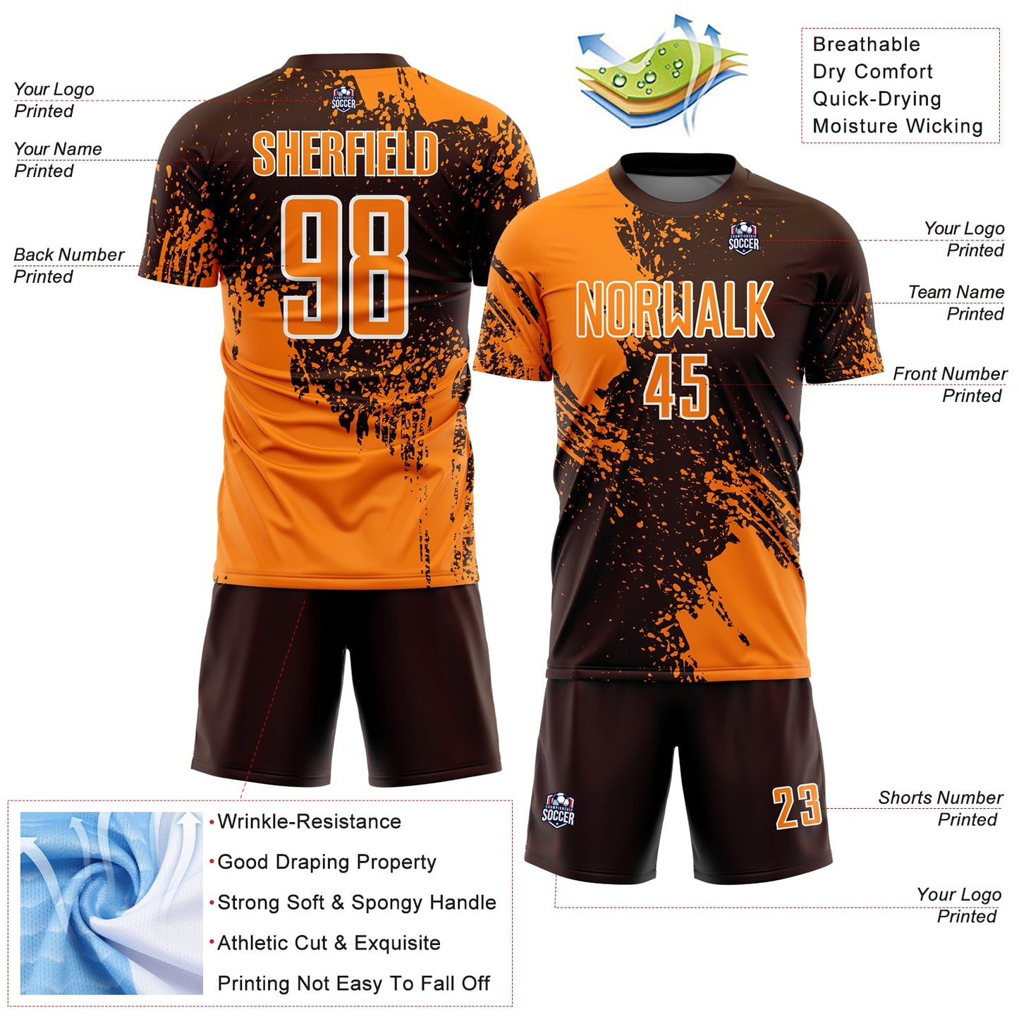 Custom Brown Bay Orange-White Abstract Brush Stroke Sports Sublimation Soccer Uniform Jersey view 4