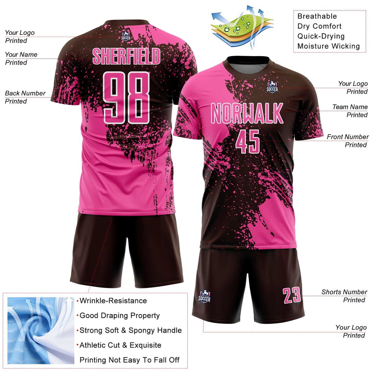 Custom Brown Pink-White Abstract Brush Stroke Sports Sublimation Soccer Uniform Jersey view 4
